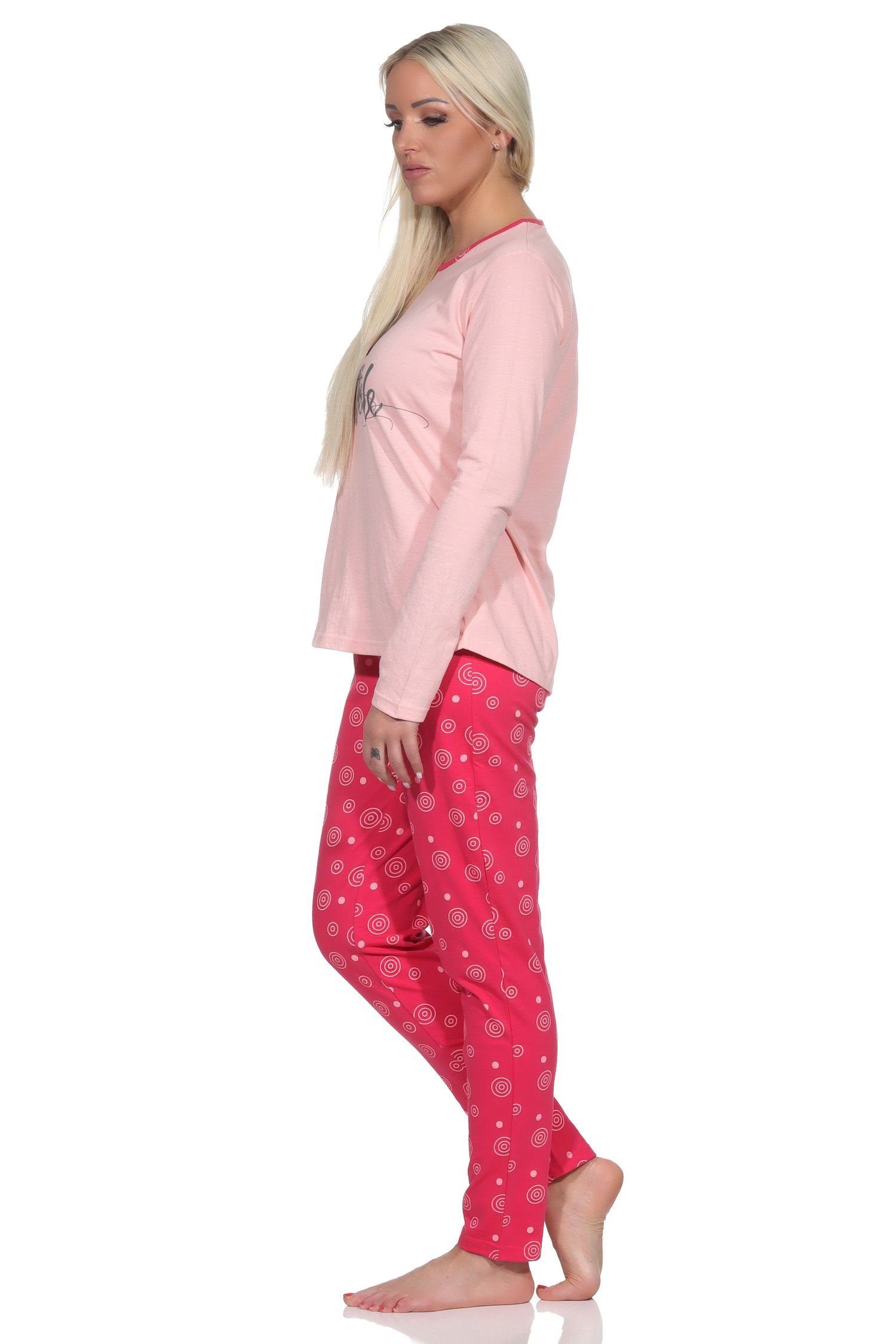 Schlafanzug Damen Normann mit Pyjama Rundhals niedlichem rosa und Langer Eulen-Motiv