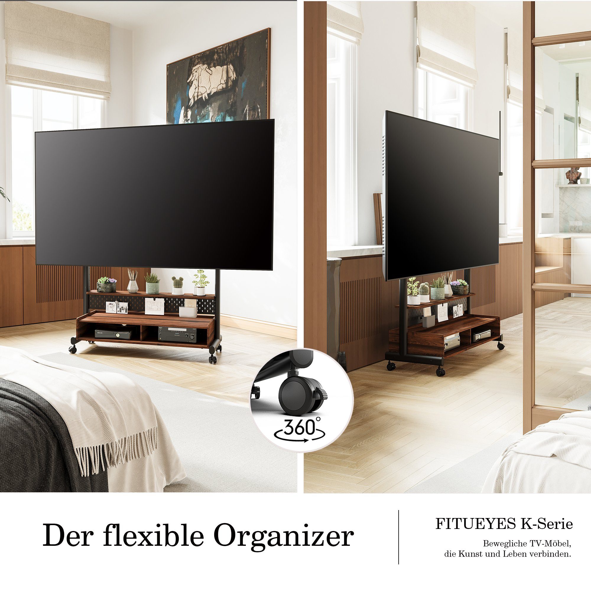 FITUEYES TV-Ständer TV Rollwagen mit Lenkrollen, Ablage, 2 Fächern, Lochplatte, (bis 100,00 Zoll, höhenverstellbare, 70-100 Zoll) – Bild 4 von 5