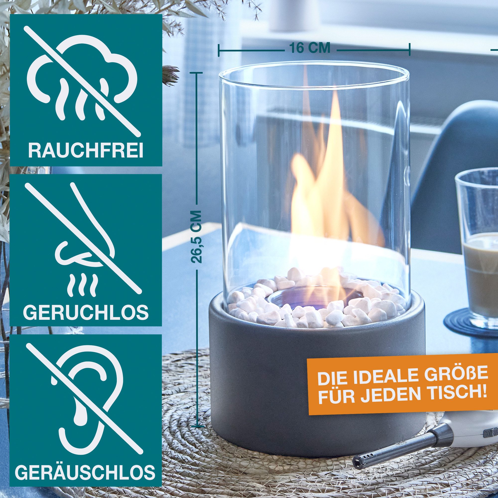 TOM Tischfeuer Tischkamin Bio Ethanol Rund Komplett Set mit Dekosteine (14-St), Standfuß – Bild 4 von 5