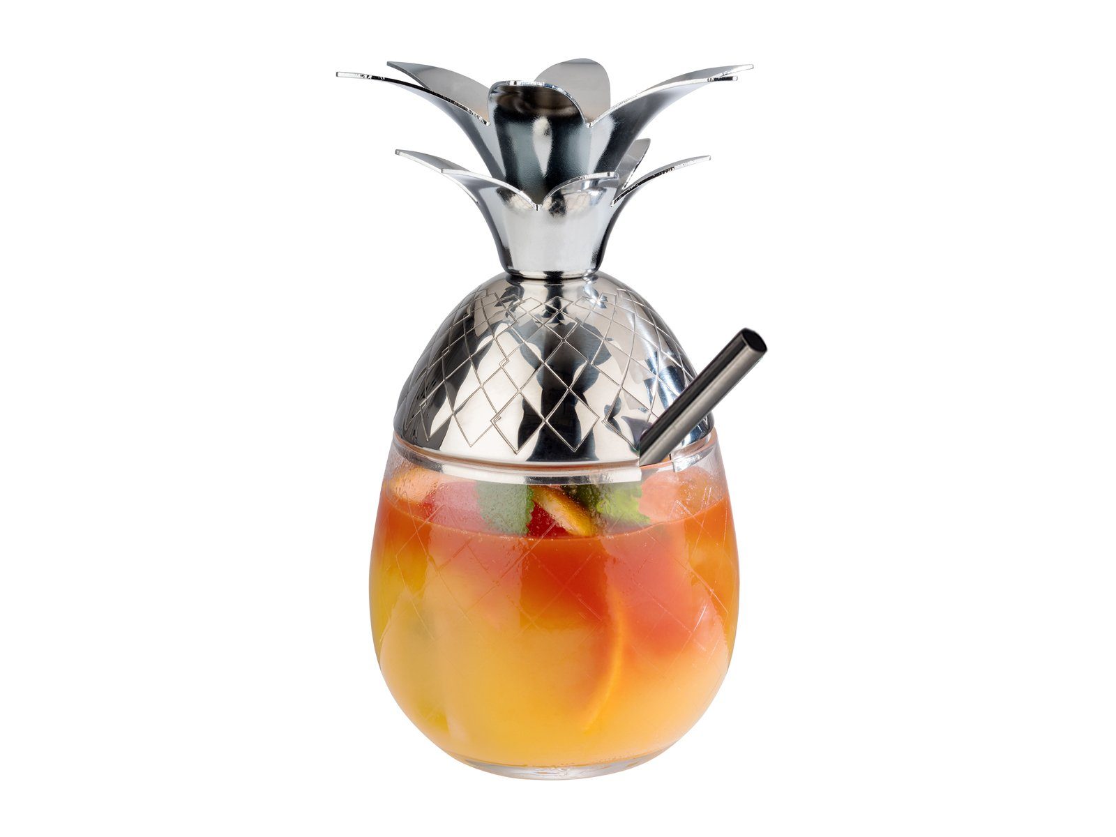 APS Cocktailglas, 3-tlg., Glas, Ananasglas Cocktail-Set, Cocktailbecher mit Deckel & Metall Strohhalm