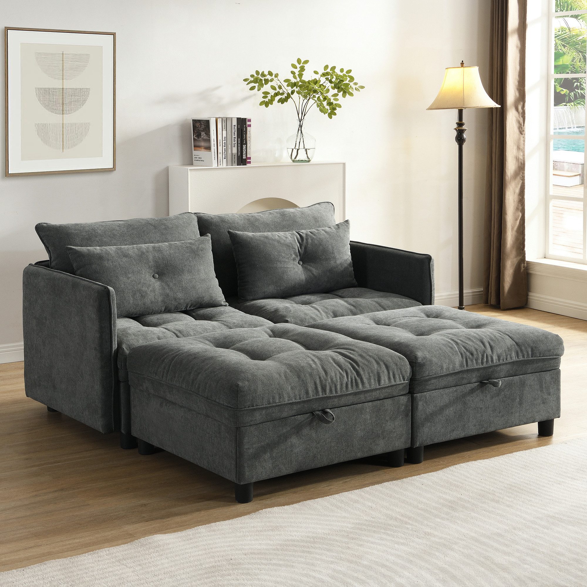 STILVORA Schlafsofa mit Kissen&Stauraum,Polstermöbel Sitzgruppe mit aus Chenille,Grau, Set, Frei kombinierbar
