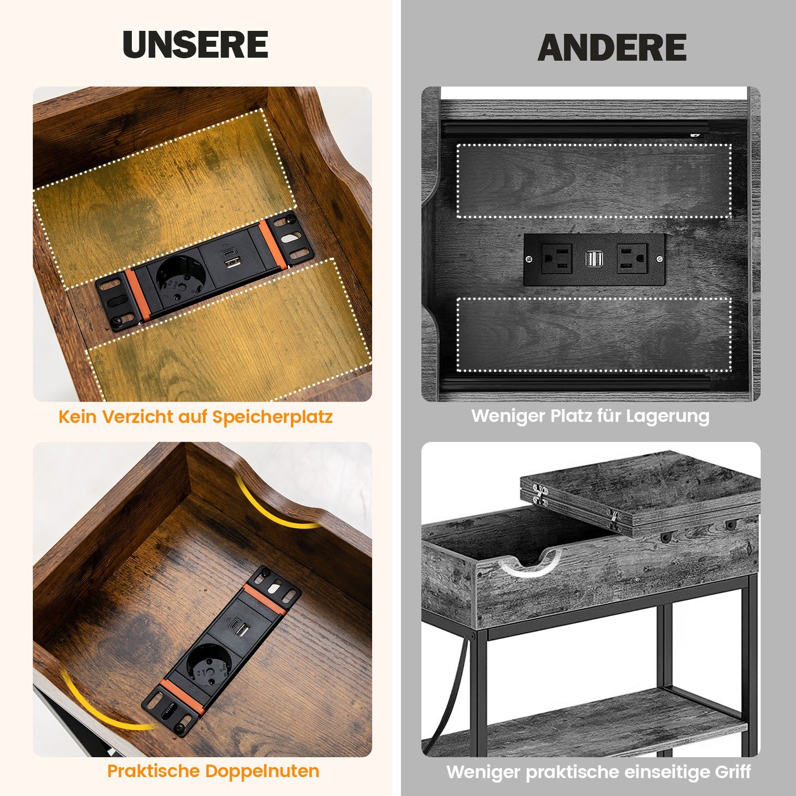 LED Nachttisch Mit Ladestation & RGB-Beleuchtung – 2 Schubladen, USB, Steckdose, Fürs Schlafzimmer