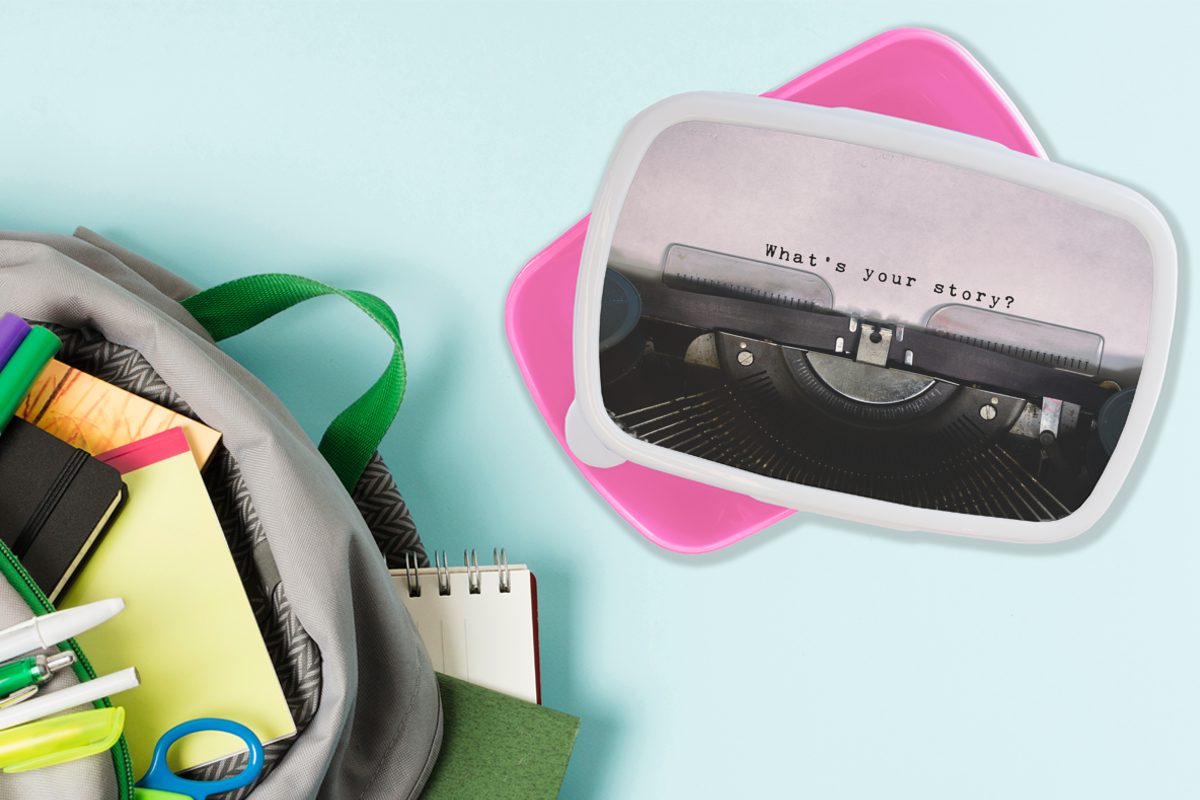 MuchoWow Lunchbox Schreibmaschine - Papier Mädchen, - Kunststoff, rosa Brotdose Erwachsene, Brotbox - (2-tlg), Kinder, Vintage für Snackbox, Kunststoff Zitat