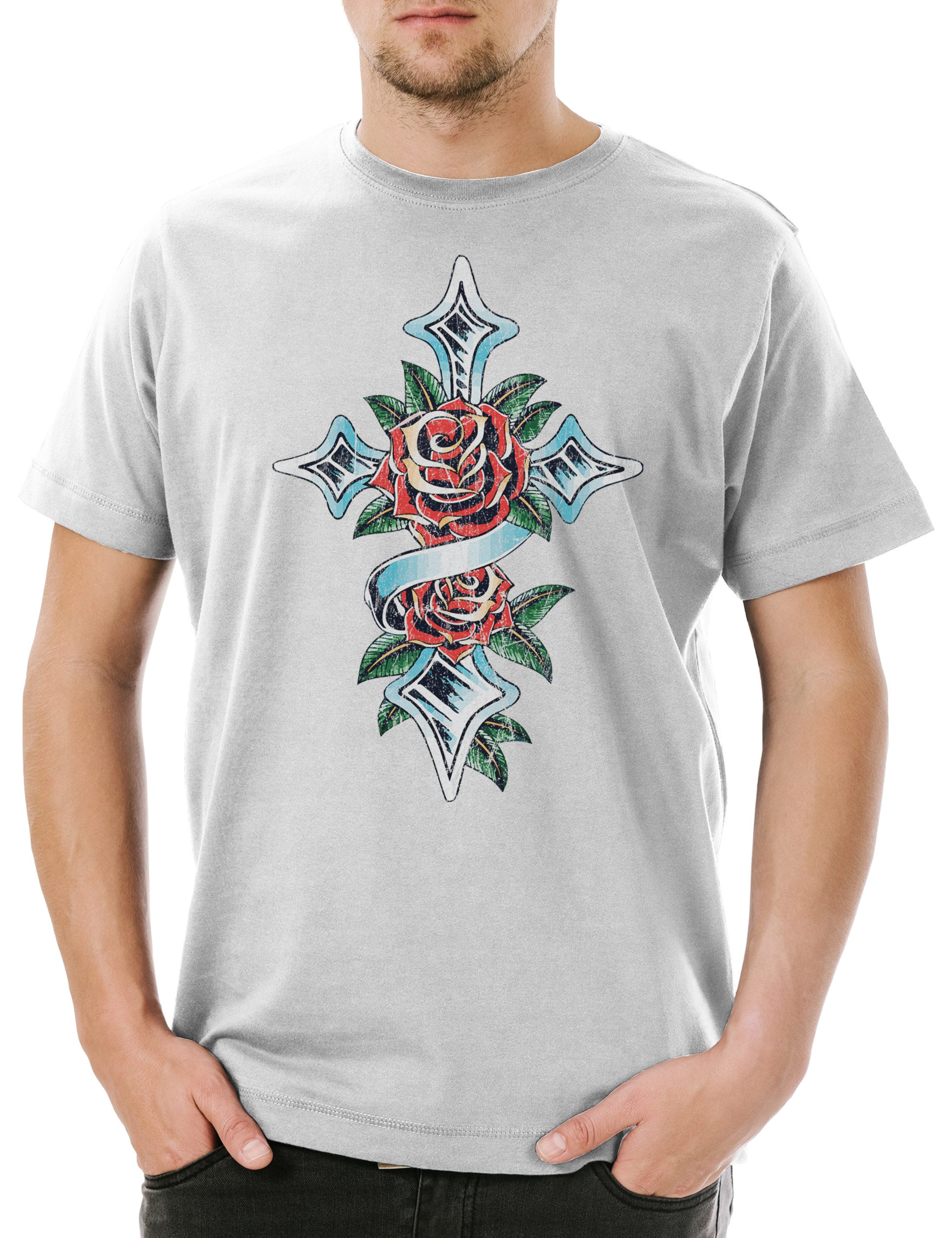 Print-Shirt Rose Cross I Herren T-Shirt Tattoo Rosen Rose Kreuz Tribal Flower