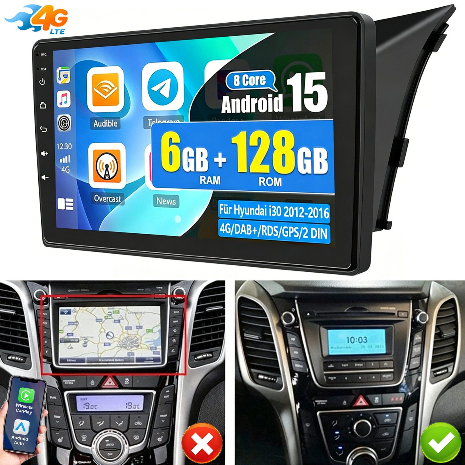 ESSGOO DAB+ 6+128G 8Core Android 15 Autoradio Carplay Für Hyundai i30 2012-16 Autoradio (RDS, Digitalradio (DAB), FM, AM, 6+128G, Carplay Android Auto Bluetooth EQ USB GPS Navi WIFI Touchscreen)
