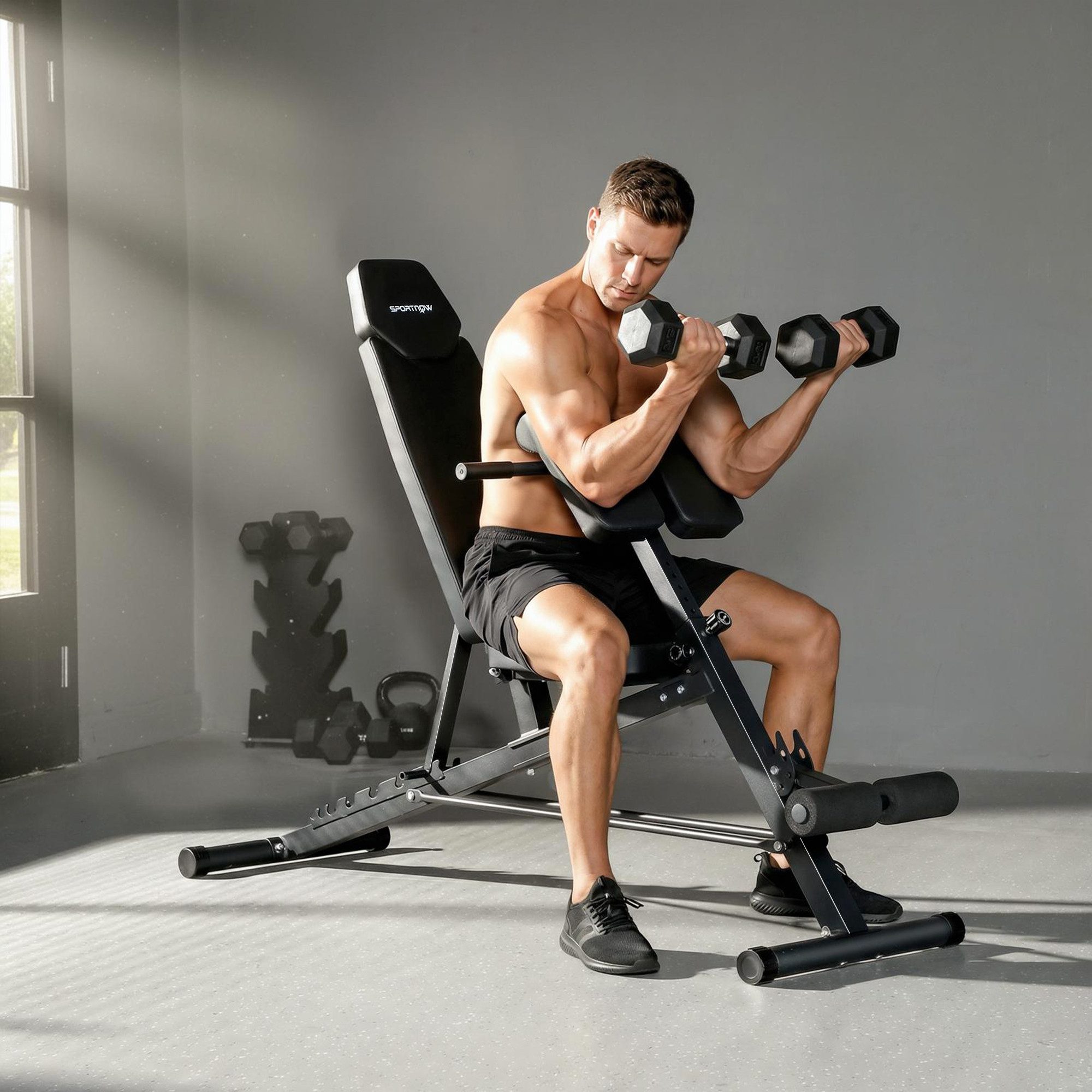 SPORTNOW Hantelbank mit Beinstrecker, Curlpult, 6-Fach Rückenlehne, verstellbar Sitz, (Trainingsbank, 1-tlg., Schrägbank), 150 kg Last für Ganzkörpertraining Home Gym