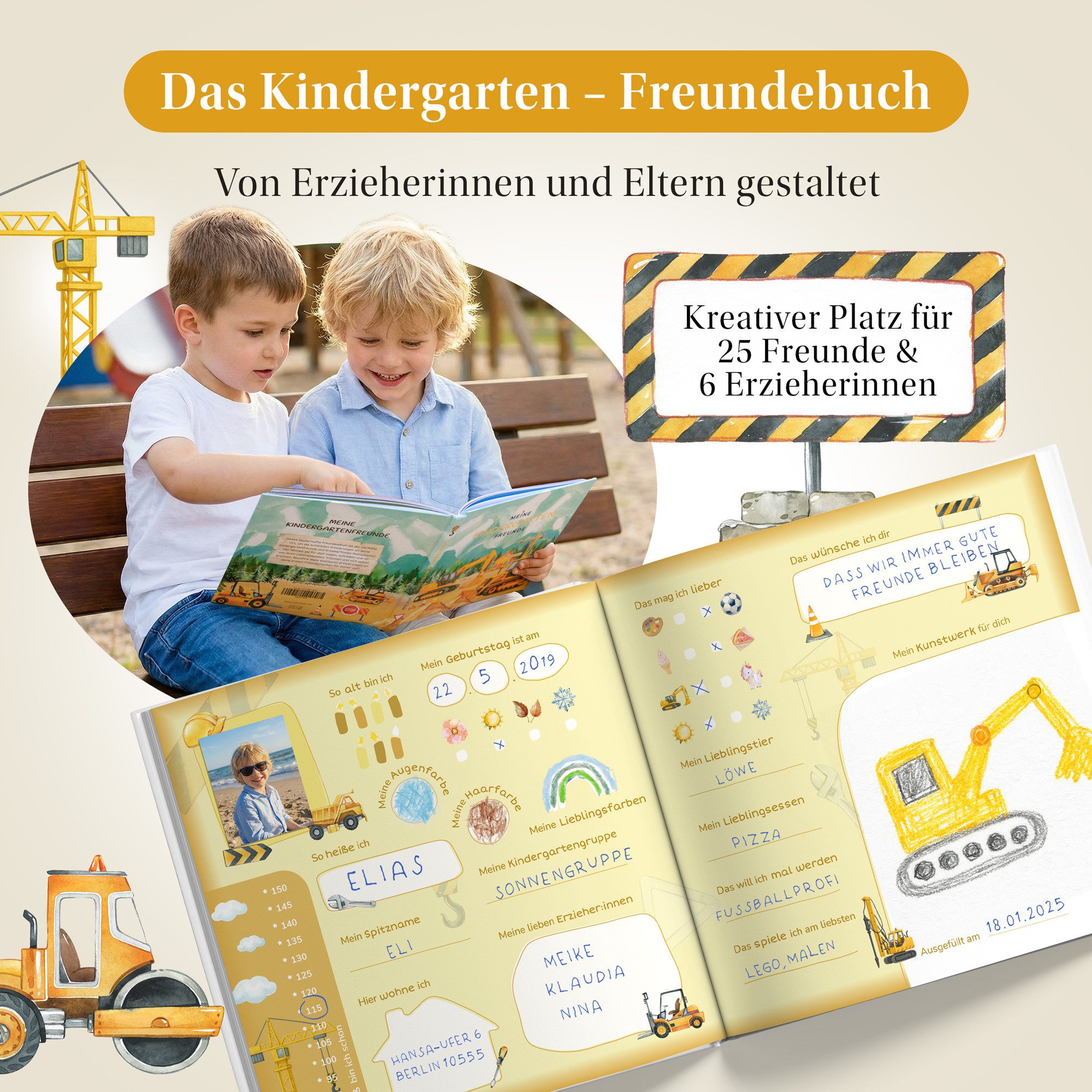 Eulentaler Freundebuch Kindergarten Baumaschinen & Bagger I Von Erzieherinnen gestaltet I + Goldprägung, Handgemalte Illustrationen I Kinderfreundliche Gestaltung
