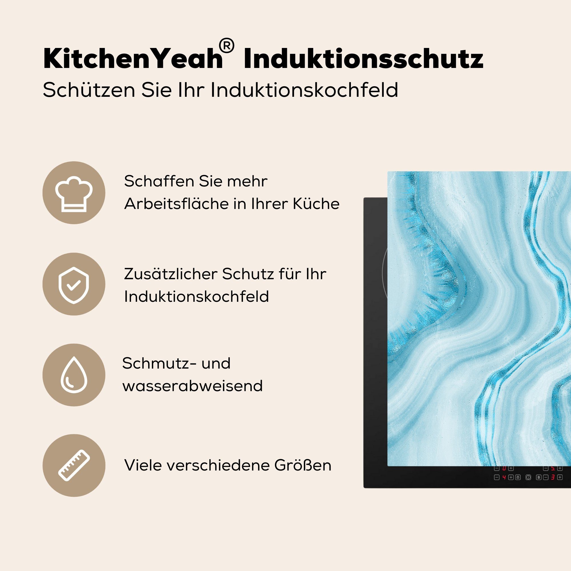 Marmor Schutz - Induktionskochfeld Ceranfeldabdeckung Herdblende-/Abdeckplatte Blau tlg), - cm, MuchoWow Muster, Vinyl, die für (1 81x52 küche,