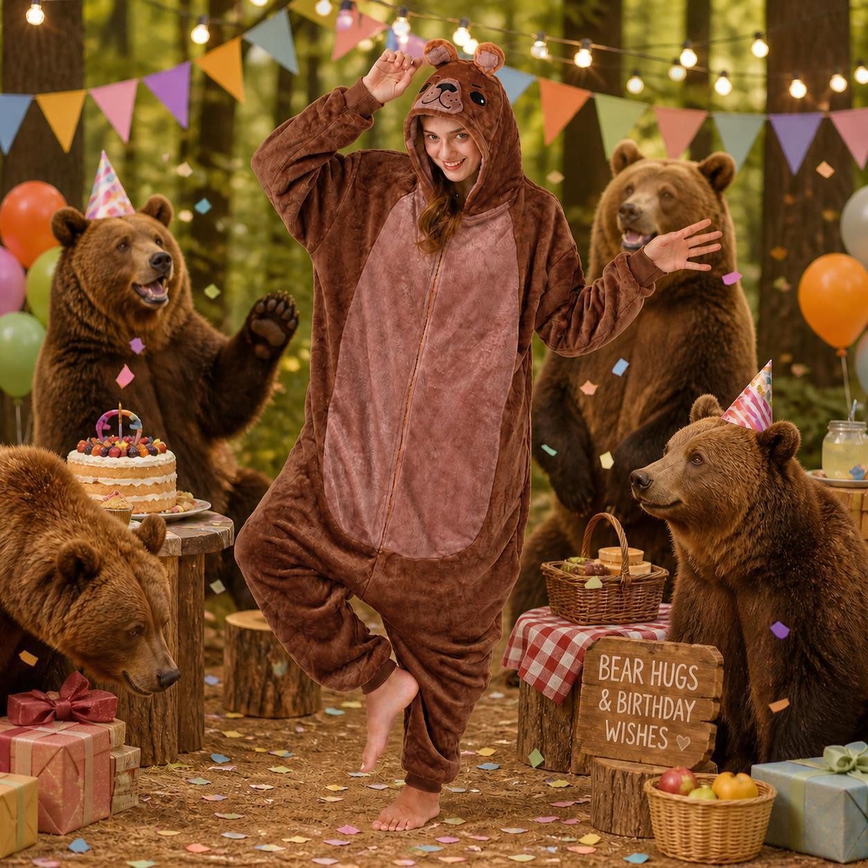 Corimori Partyanzug Flauschiges Bären-Kostüm für Erwachsene, Karneval Kostüm Onesie für, Jumpsuit, Pyjama, Fasching, Kigurumi, Tierkostüme, Bär Winfred