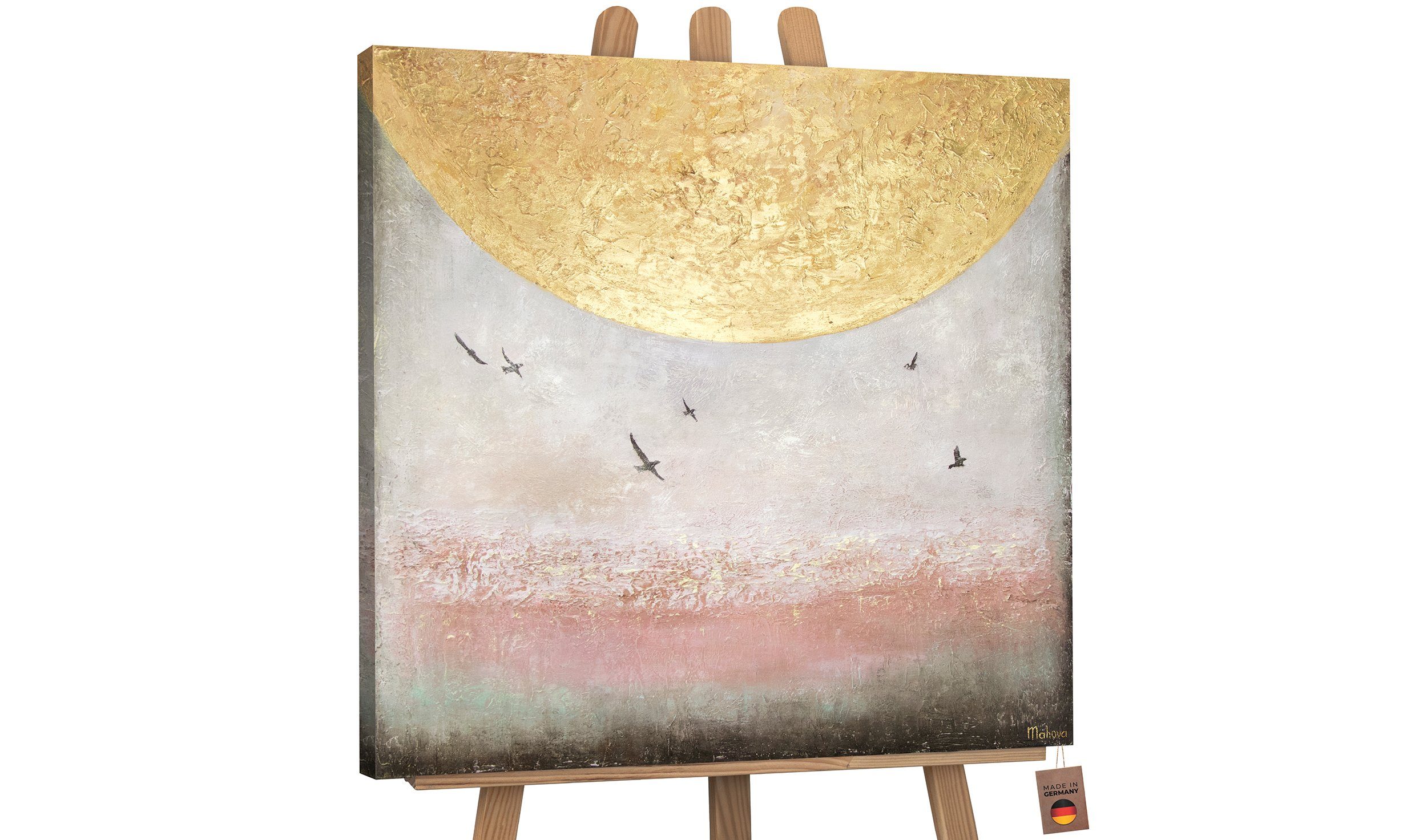 Schattenfugenrahmen Landschaft, Leinwand Ohne Gemälde Sonnenenergie YS-Art Vögel Bild Abstrakt Handgemalt Sonne Goldene II,