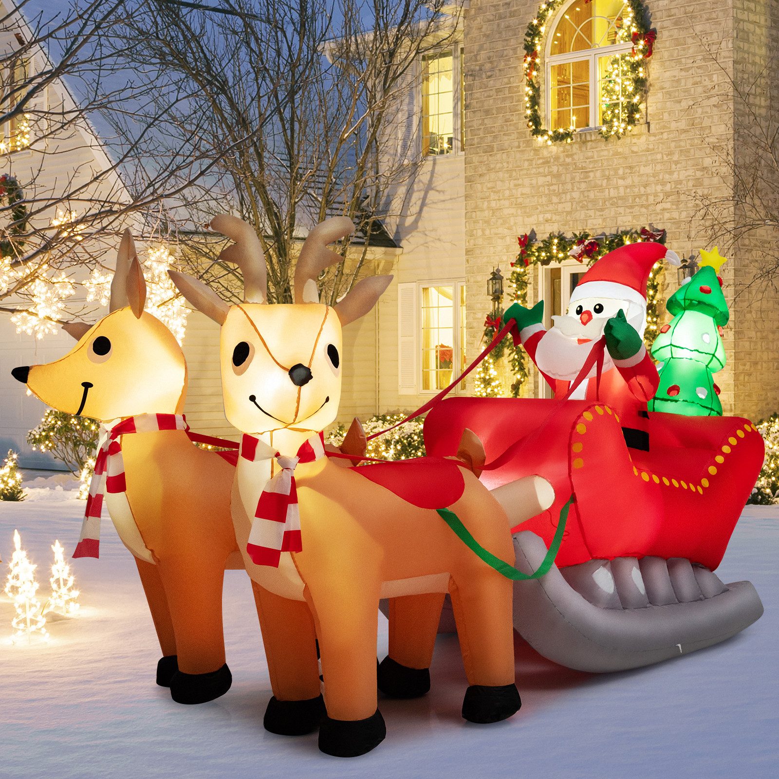 COSTWAY Weihnachtsfigur, mit Schlitten LED, selbstaufblasend, 130cm hoch