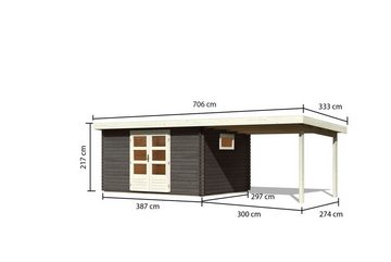 Karibu Gartenhaus "Tange 5" SET terragrau mit Anbaudach 3,3 m Breite, BxT: 706x333 cm, aus hochwertiger nordischer Fichte