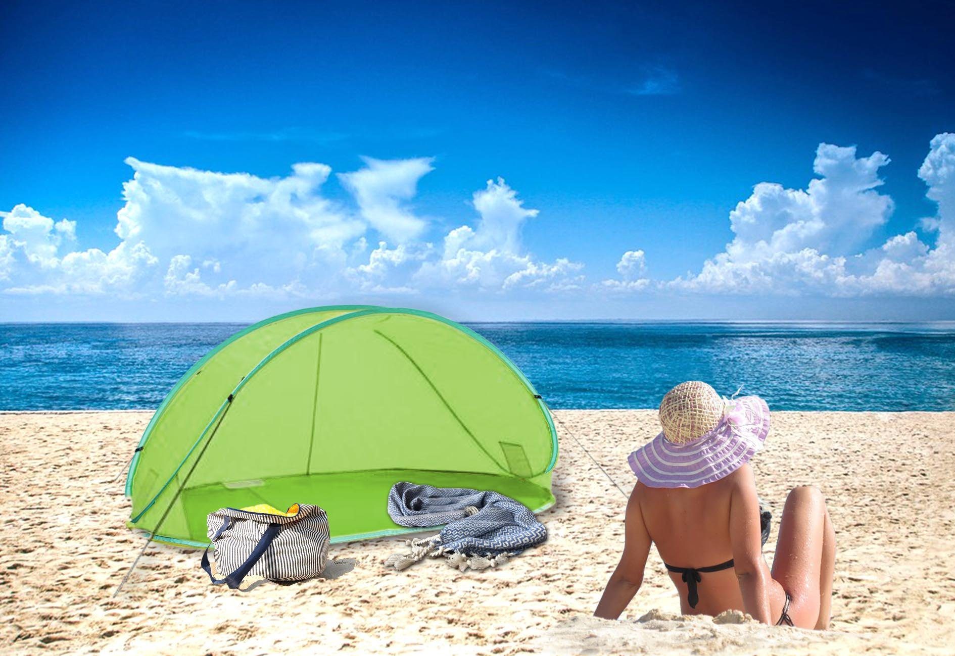 ELLUG Strandmuschel XXL Pop-up Wurfzelt Strandmuschel grün mit Heringen & Tragetasche, Personen: 4