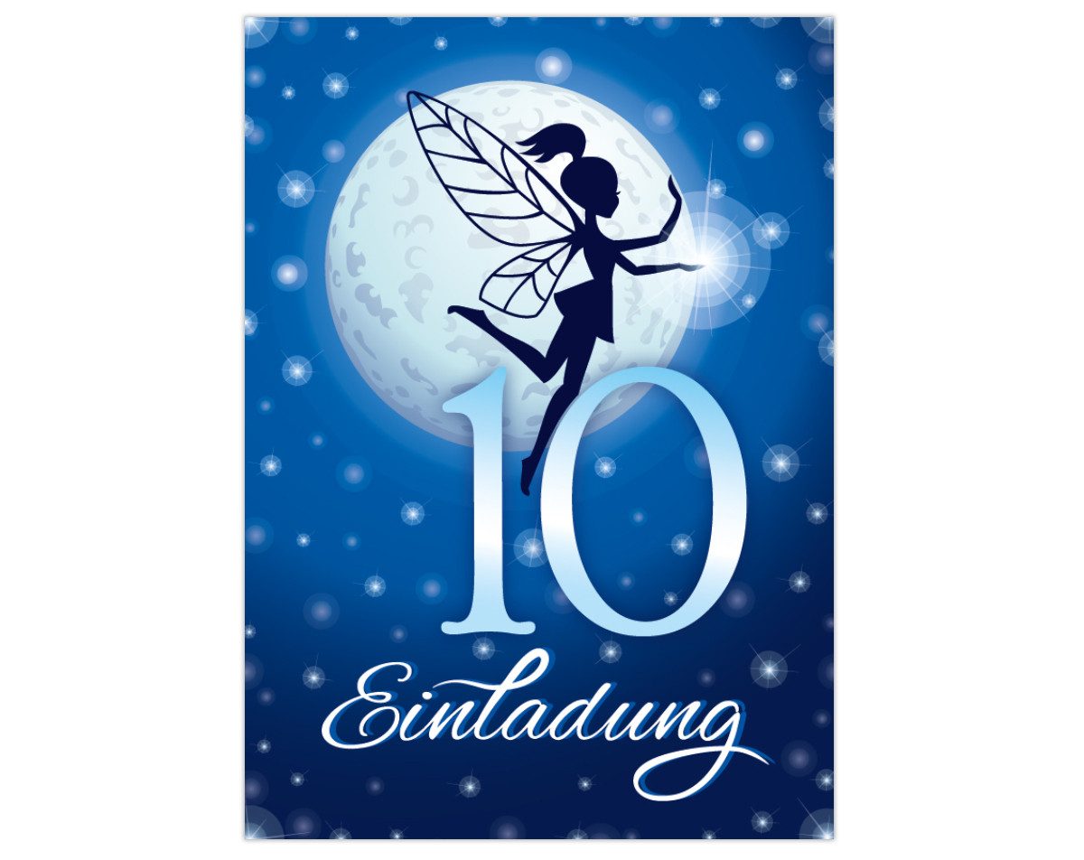 JUNAPACK Einladungskarten Fee Einladungen zum 10. Kindergeburtstag Karten Mädchen blau, Einladungskarten mit Feen zum zehnten Geburtstag