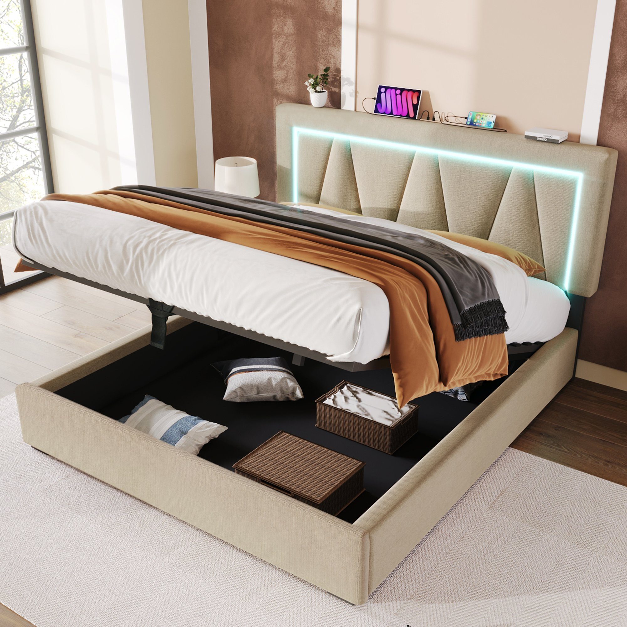 Polsterbett (Stauraumbett mit Lattenrost, 160x200cm), LED Doppelbett mit USB Typ C Ladefunktion, Leinen, Ohne Matratze