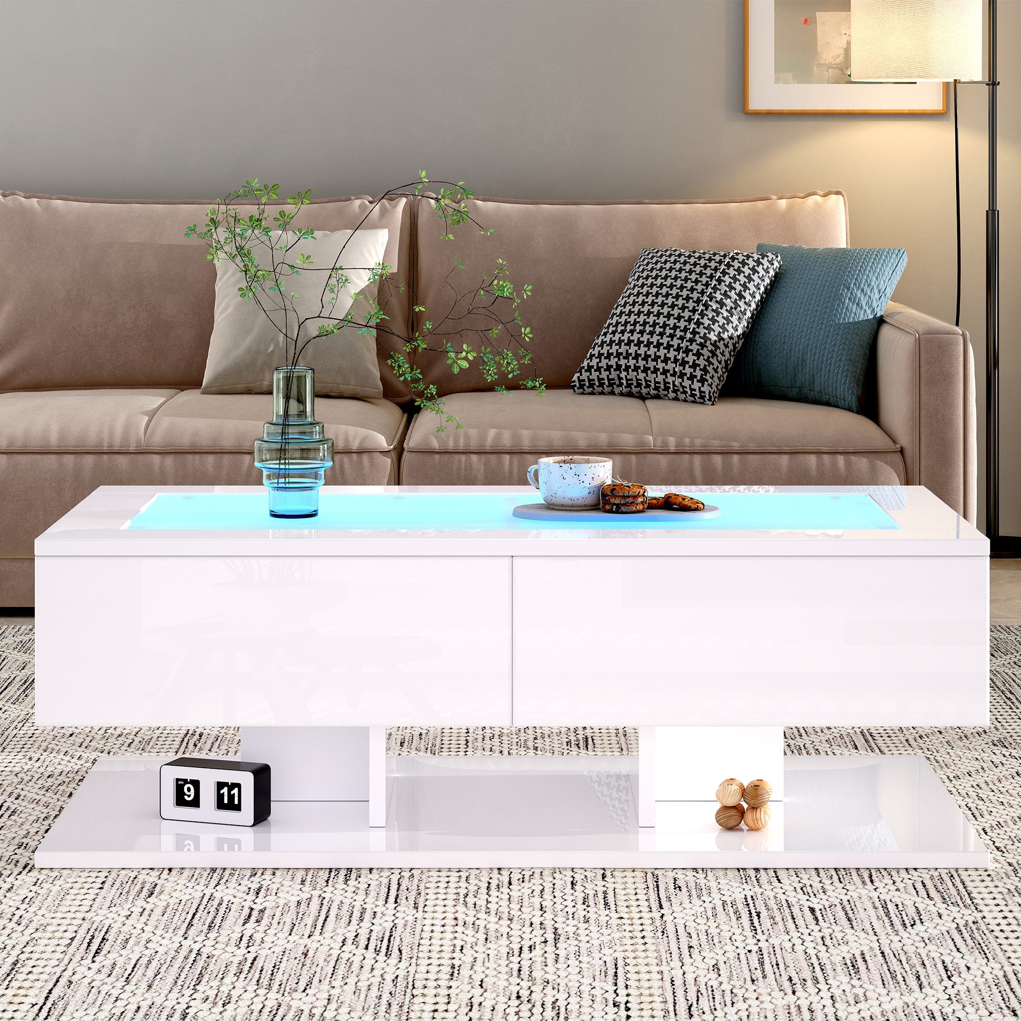 REDOM Couchtisch Hochglanz Couchtisch mit Glasplatte günstig online kaufen
