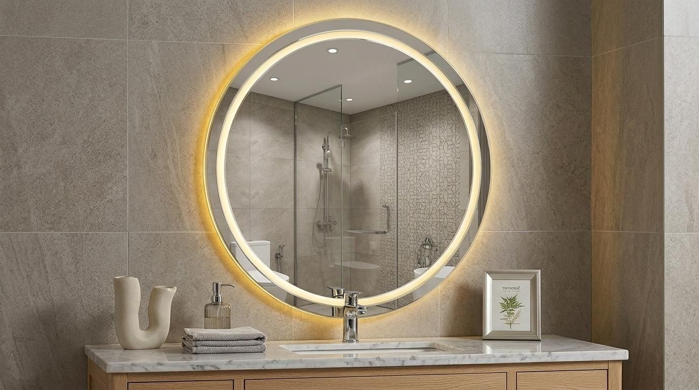 Xlmoebel Wandspiegel Beiger runder Wandspiegel mit LED – stilvoll und funktional, Made in Europa