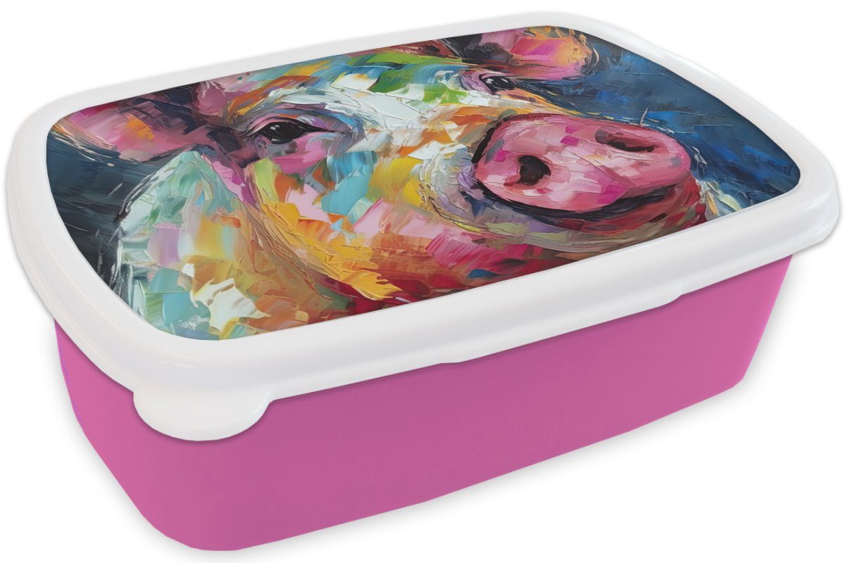 - rosa für Snackbox, Kunststoff, (2-tlg), - Brotdose Schwein Kunststoff - Tiere Ölfarbe Kunst, Erwachsene, Mädchen, MuchoWow Kinder, Lunchbox Brotbox