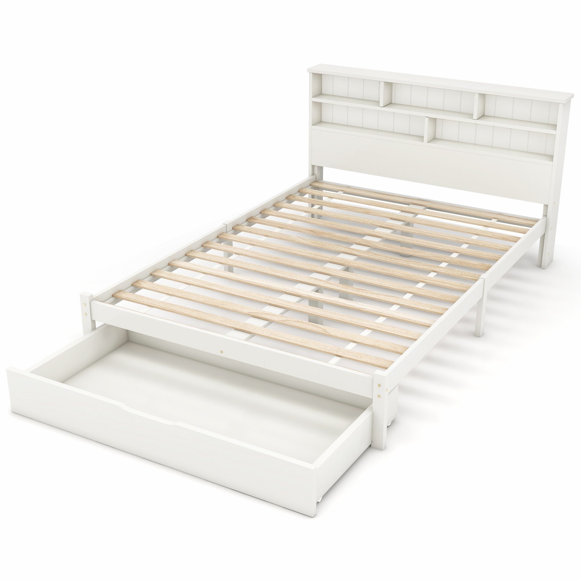Massivholzbett (Doppelbett mit Schublade und Lattenrost), Holzbett mit Bücherregal, Kinderbett Jugendbett 140x200 cm