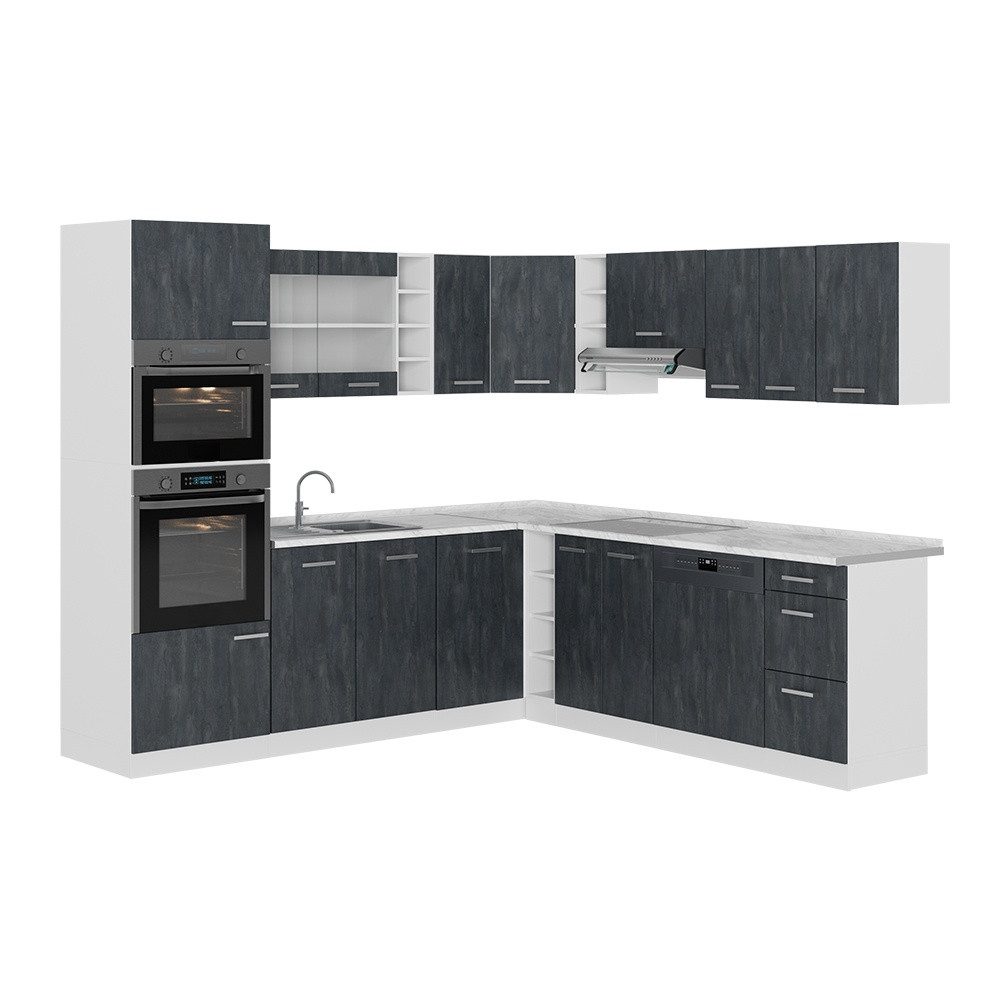 Vicco Winkelküche R-Line, Schwarz Beton/Weiß, 247 x 237 cm ohne Arbeitsplatte