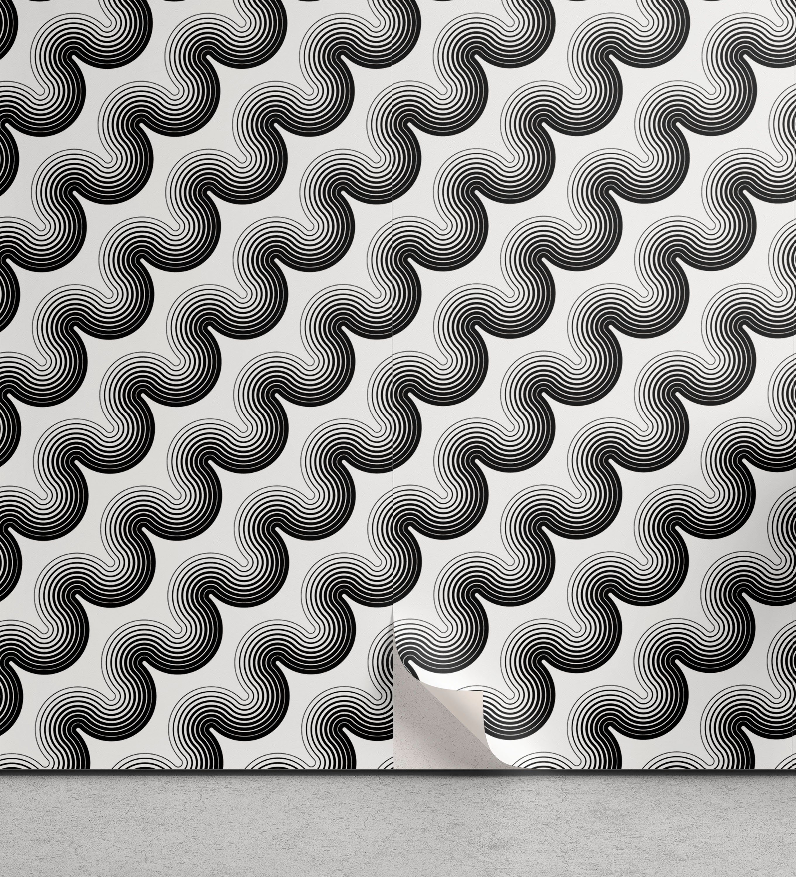 Abakuhaus Vinyltapete selbstklebendes Wohnzimmer Küchenakzent, Schwarz und weiß gewellte Streifen