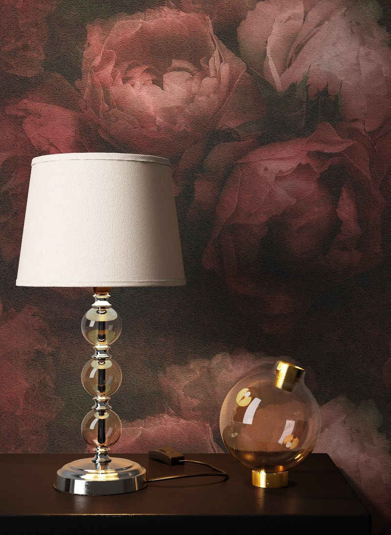 Newroom Vliestapete, Rot Tapete Blumen Floral - Vintage Blumentapete Rosa Schwarz Rosen 3D Optik für Schlafzimmer Wohnzimmer Küche