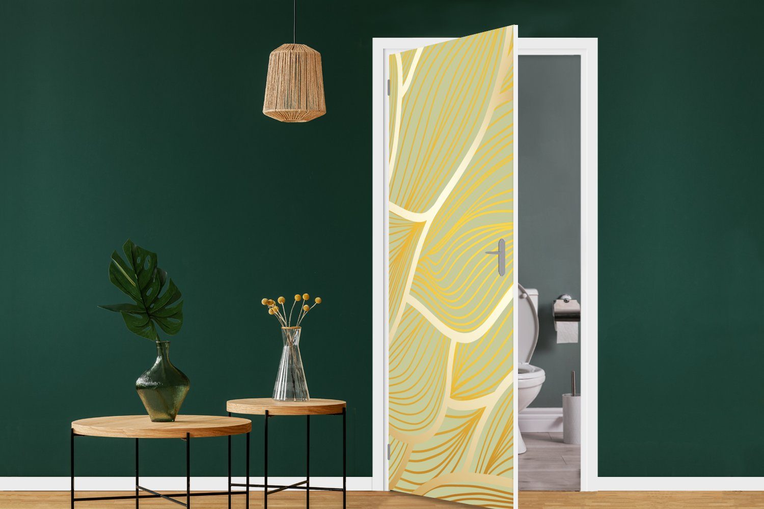 MuchoWow Türtapete bedruckt, auf 75x205 Fototapete für cm St), Wellen grünem (1 Hintergrund, Türaufkleber, Goldene Matt, Tür