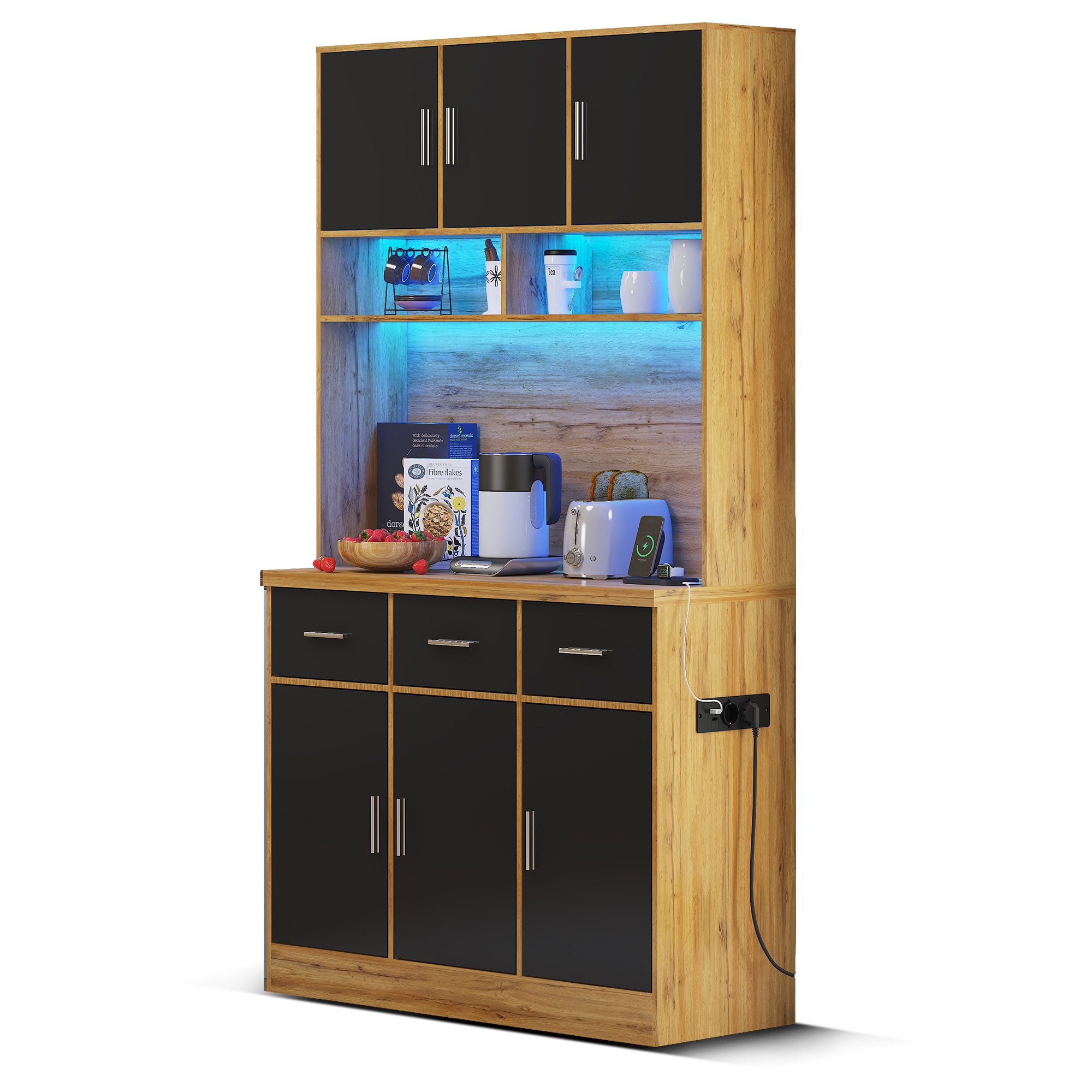 Merax Küchenbuffet Küchenbuffet mit LED-Beleuchtung und Steckdosen (3 Schubladen und 6 Türen, 100x40x180cm) Multifunktionales Hochschrank Buffet mit verstellbare Ablagen