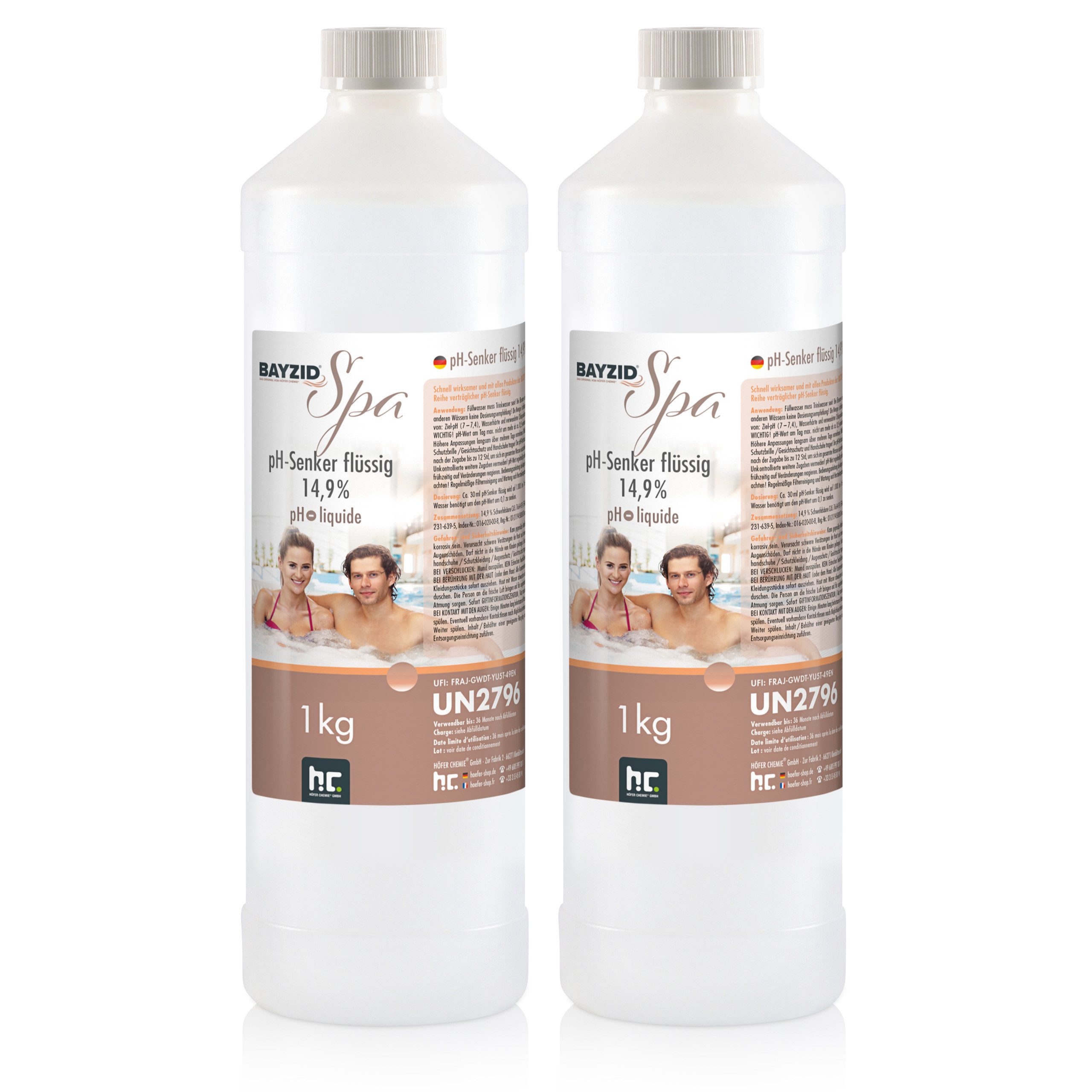 Höfer Chemie GmbH Poolpflege 2x 1 kg BAYZID® SPA pH Minus flüssig 14,9%, Zuverlässige Regulierung des pH-Werts im Whirlpool