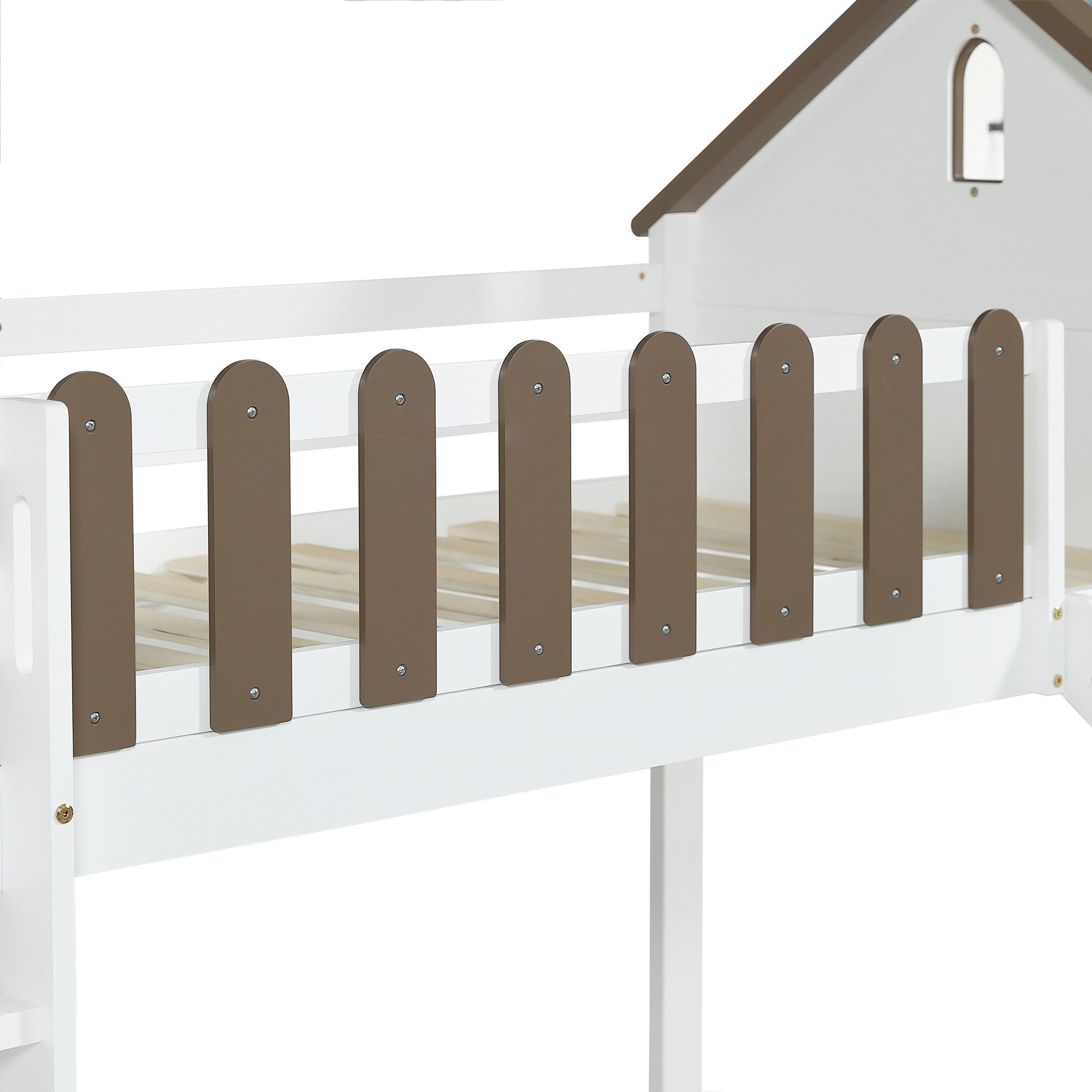 Merax loft bed (pine wood bed, bunk bed with roof and window) children's bed 90x200cm with slide and three-step ladder, house design