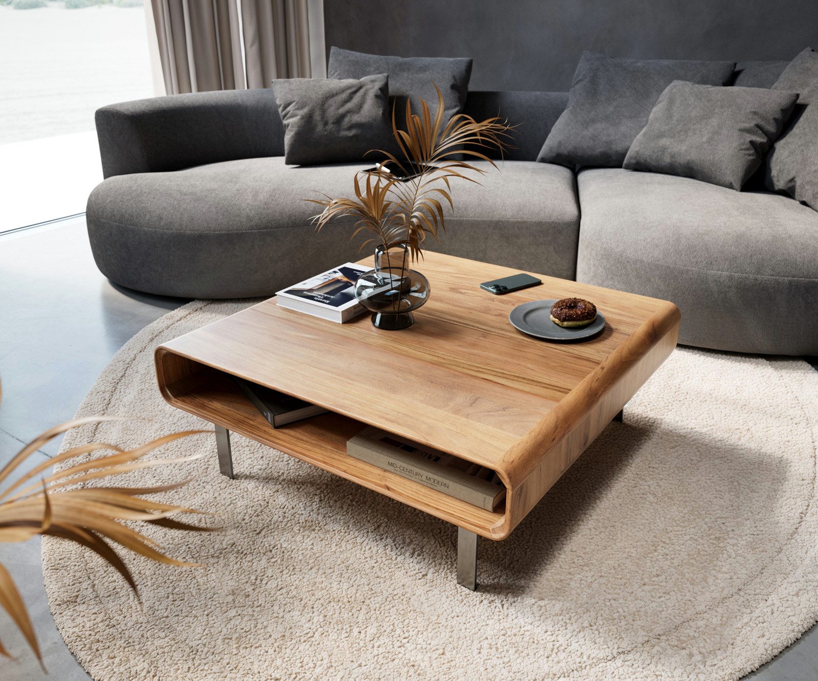 DELIFE Couchtisch Anaya, Akazie Natur 90x90 cm 1 Fach L-Fuß Edelstahl Couchtisch