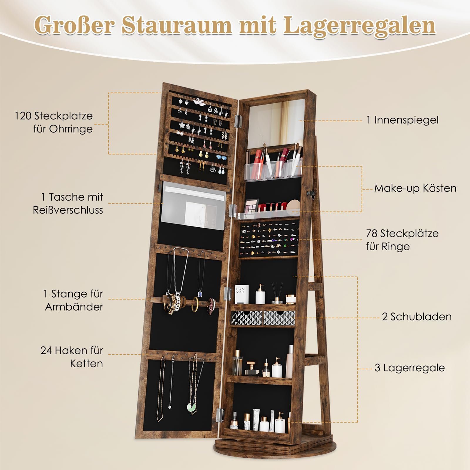 Dripex Schmuckschrank Schmuck Spiegelschrank mit Ganzkörperspiegel