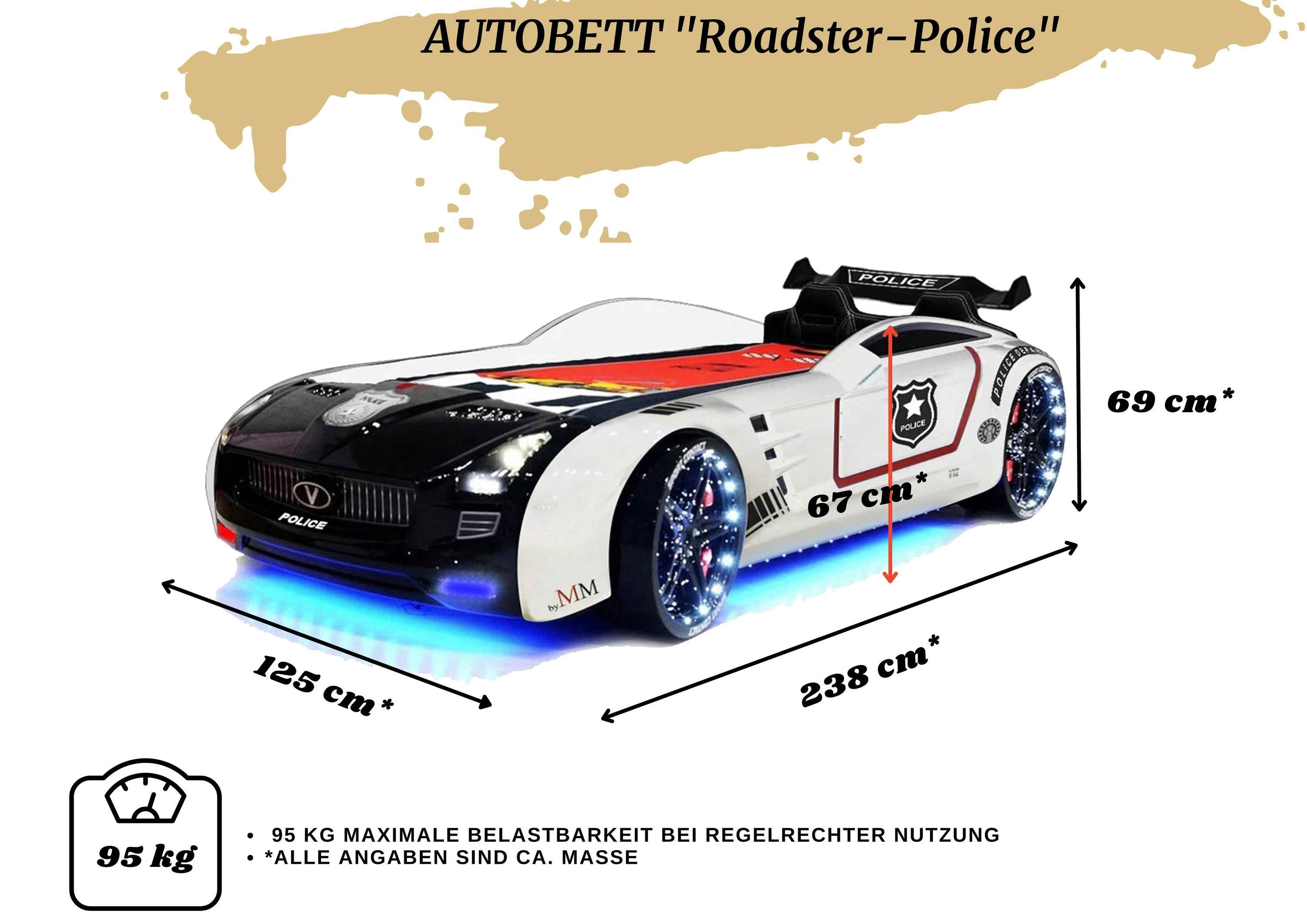 Aileenstore Autobett Rio (inkl. Sportsitze, Lattenrost, Heckspoiler, LED Licht und Sound), Police Autobett Kinderbett, Spielbett mit LED, Sound, Fernbedienung