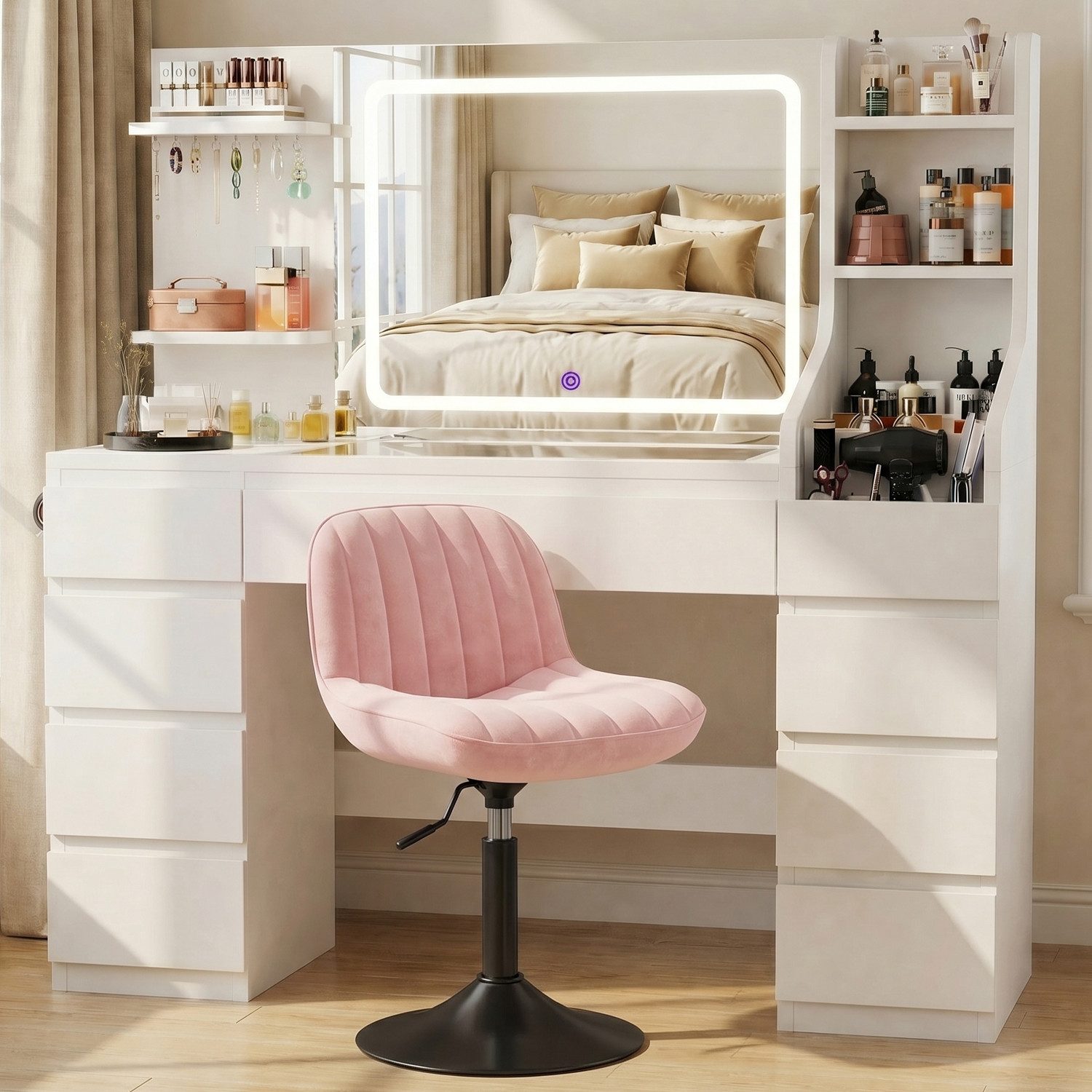 HOMALL Schminktisch Dreifarbiger, LED-beleuchteter Schminktisch Extra großer Stauraum (Maße: 135 × 40 × 137 cm, Arbeitsplatte aus gehärtetem Glas, mit 7 offenen – Bild 4 von 5