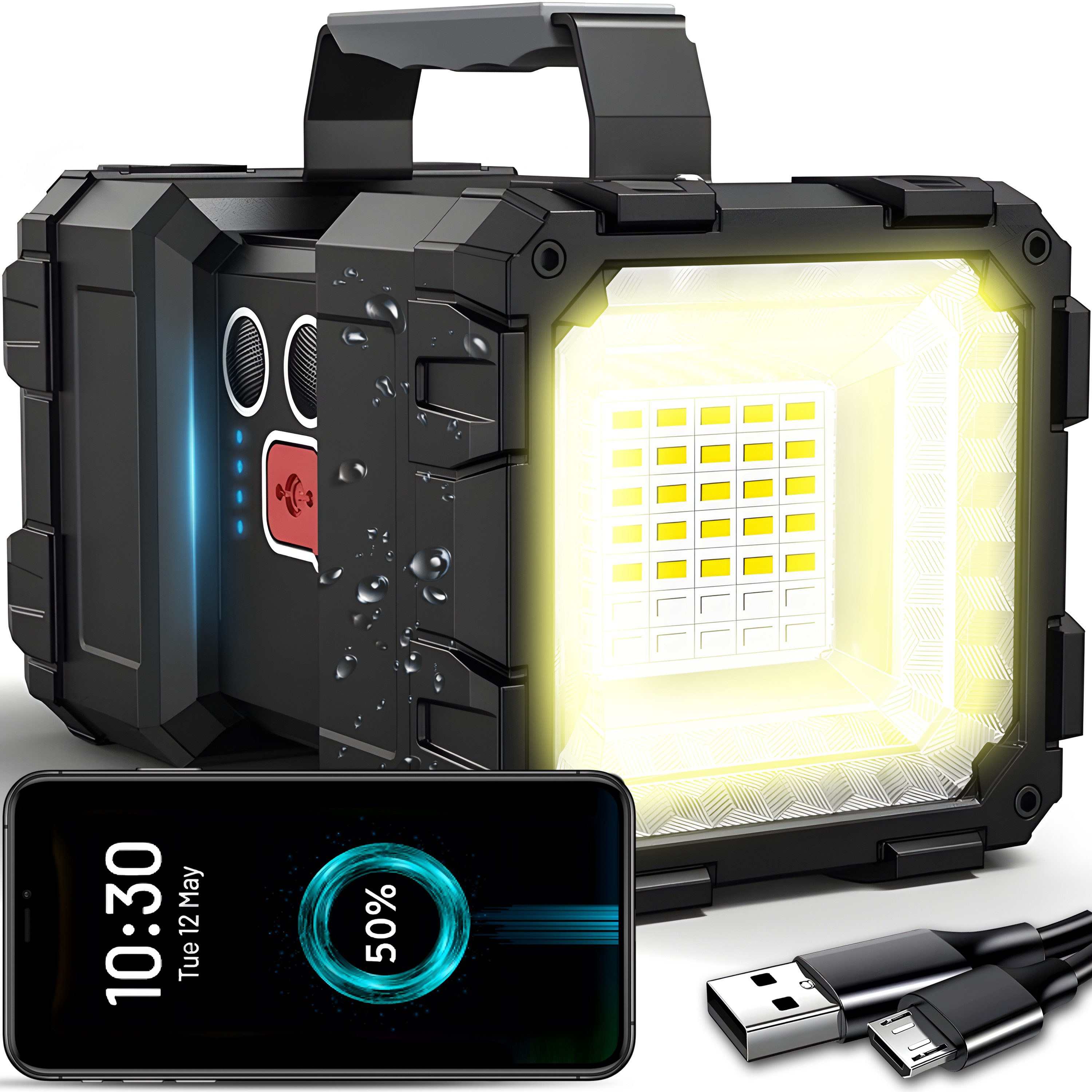Retoo Taschenlampe Suchscheinwerfer LED Super Hell Wiederaufladbarer Taschenlampe Camping (Set, Suchscheinwerfer USB-Kabel Gebrauchsanweisung), Vielseitige Energieversorgung, Lange Lebensdauer