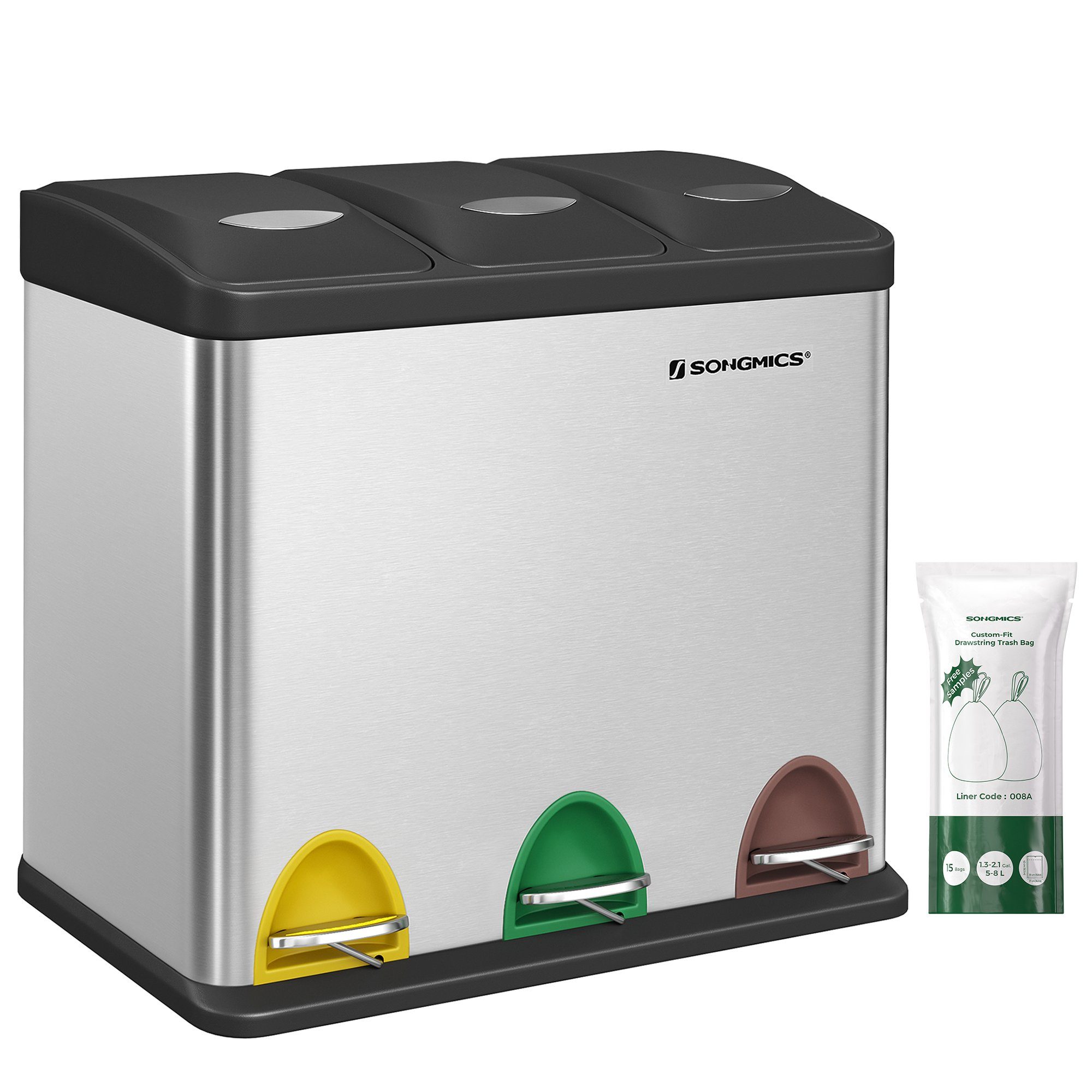 SONGMICS Mülleimer Mülleimer, Mülltrennsystem, aus Metall, 3 x 8L, Küche