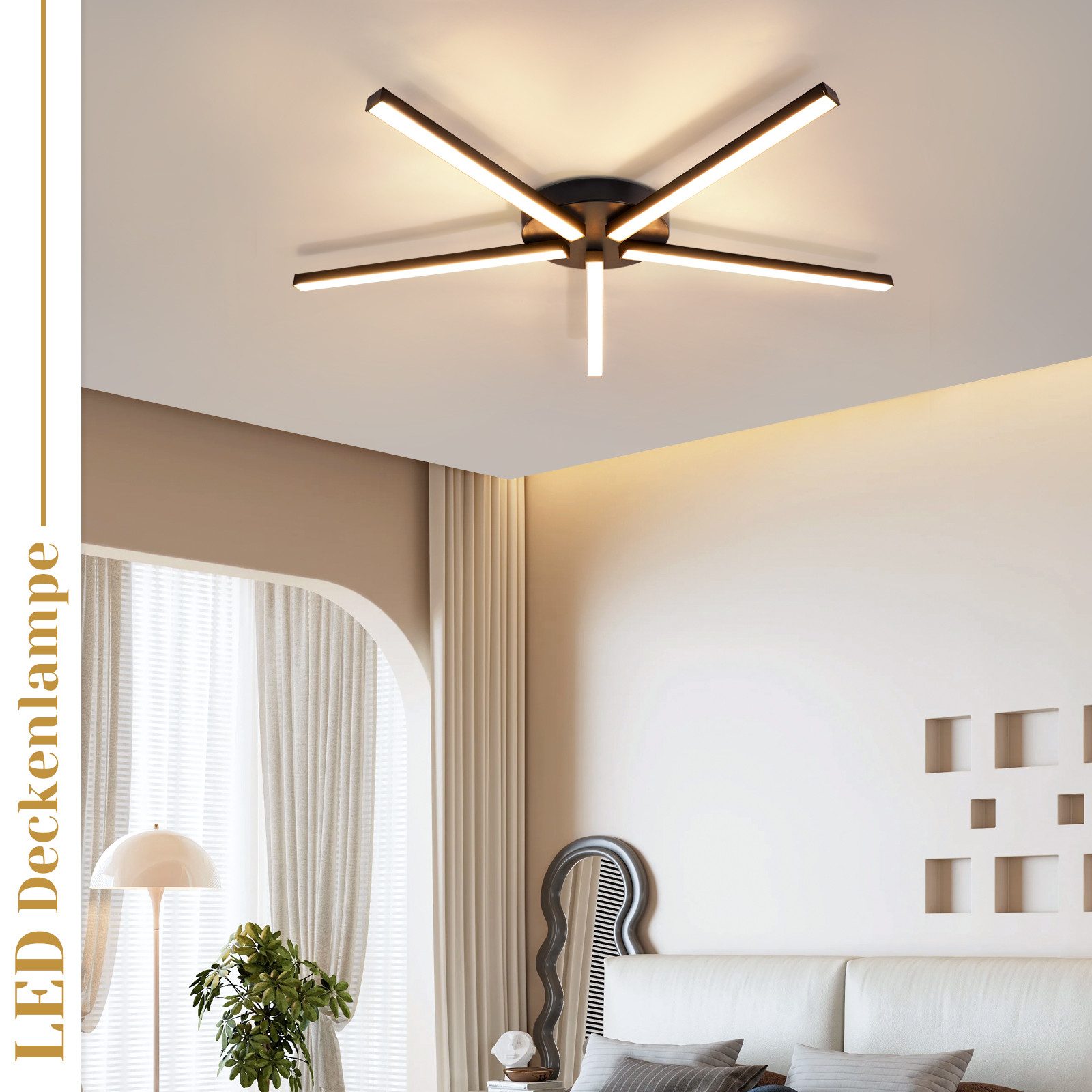 ZMH LED Deckenleuchte Wohnzimmer Schwarz 24W Modern 3000K Nicht Überlappend Design Büro, Augenschutz, Einfache Installtion, LED fest integriert, Warmweiß, 5 Flammig Retro Deckenlampe für Küche Schlafzimmer Flur