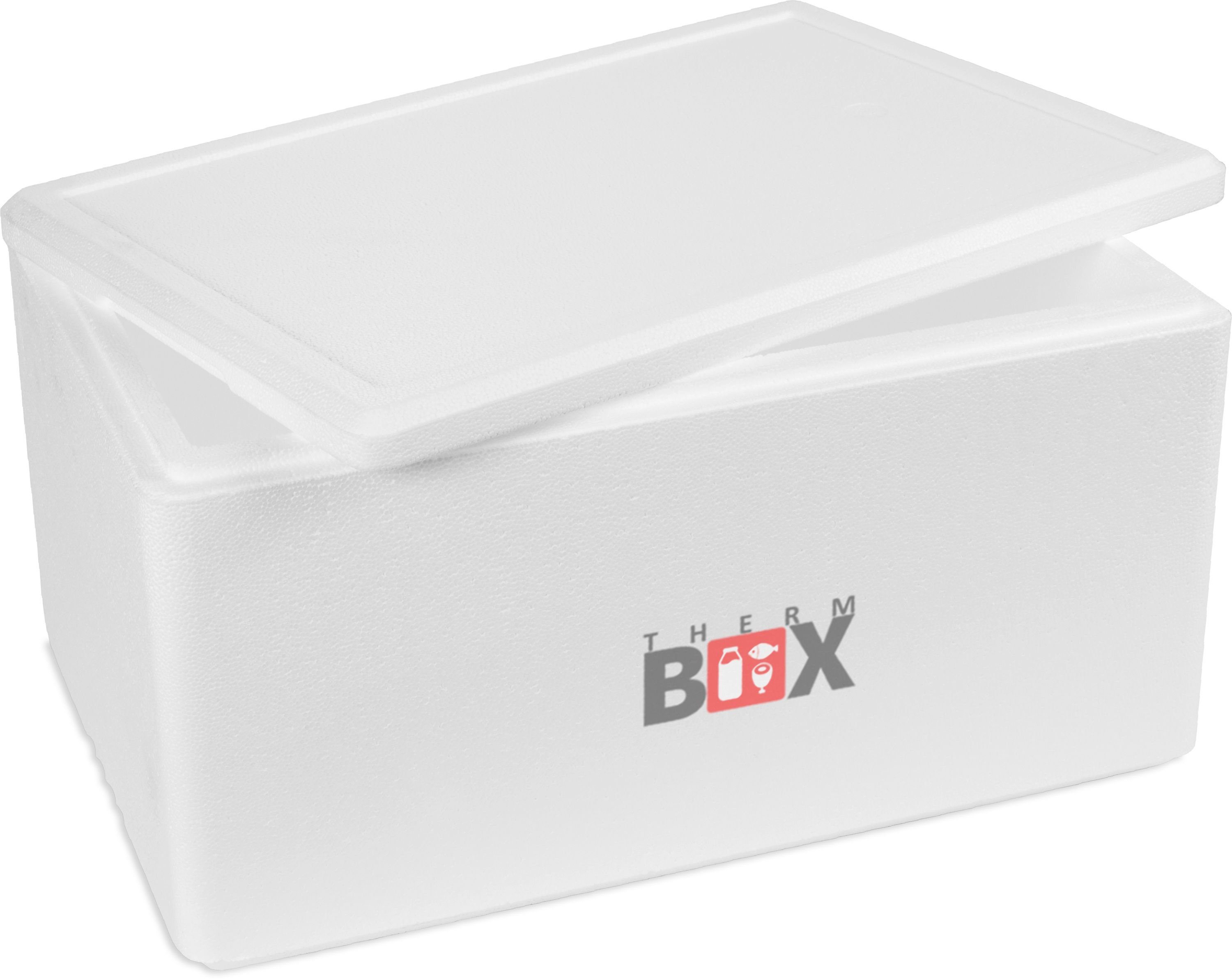 THERM-BOX Thermobehälter Styroporbox 45W Innen: 53x33x25cm Wand: 3cm 45,3L, Styropor-Verdichtet, (1, 0-tlg., Box mit Deckel im Karton), InIsolierbox Thermobox Kühlbox Warmhaltebox Wiederverwendbar