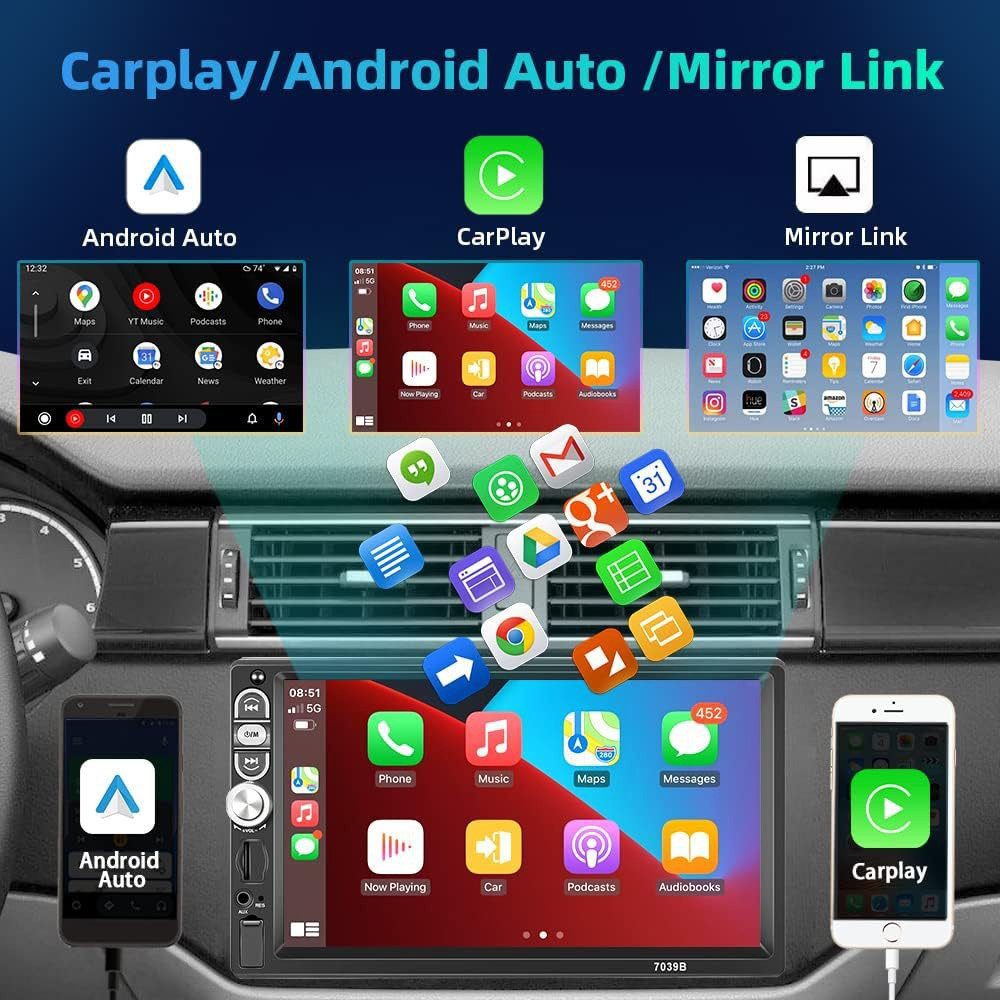 Hikity 1 DIN Autoradio mit Carplay/Android 7" Touch Bluetooth Autoradio (Android Auto, Apple CarPlay, Eingebautes Bluetooth, GPS-Navigation)