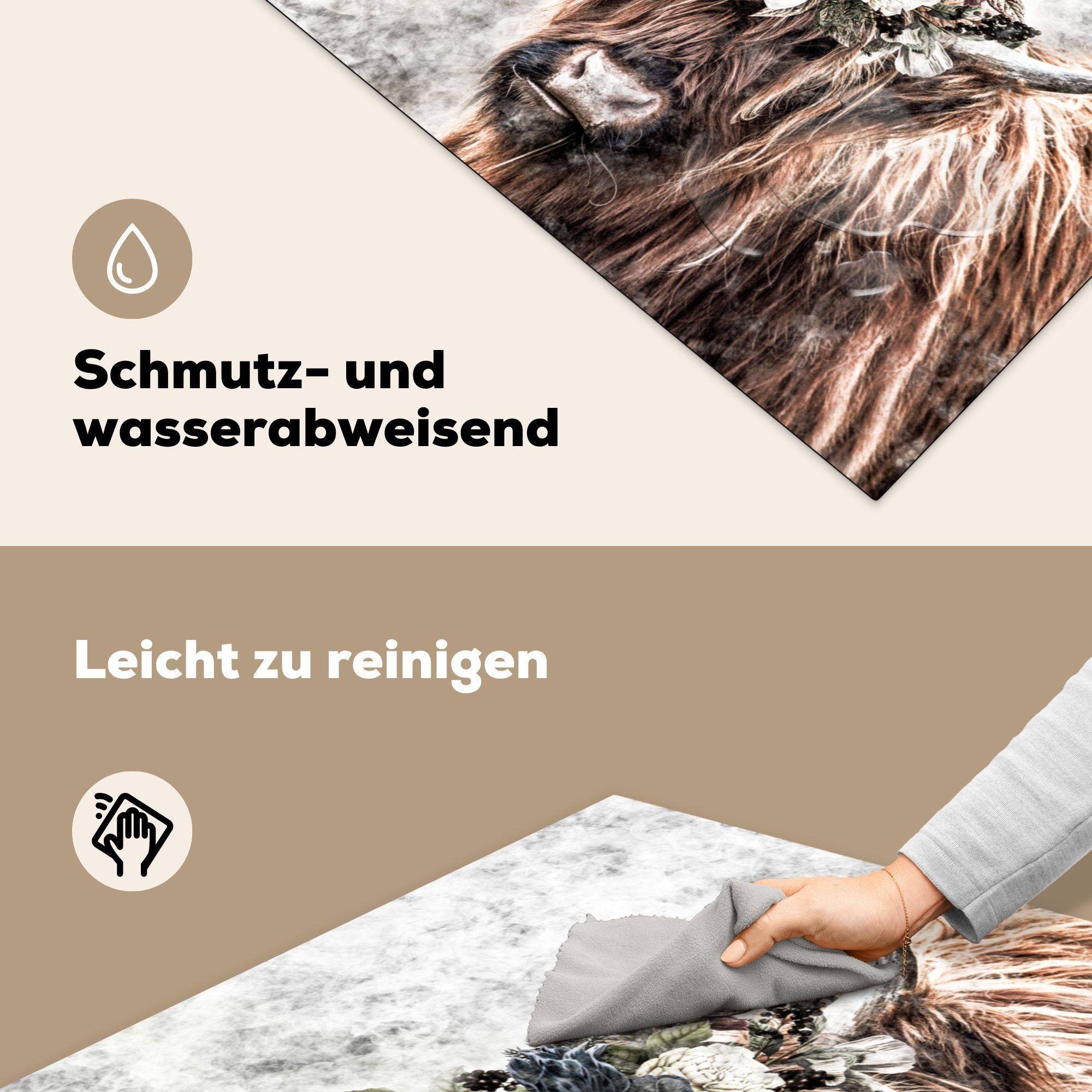 78x78 Schottische Arbeitsplatte Kuh tlg), - - cm, Herdblende-/Abdeckplatte küche Highlander Vinyl, Ceranfeldabdeckung, Blumen, Schottischer MuchoWow für (1