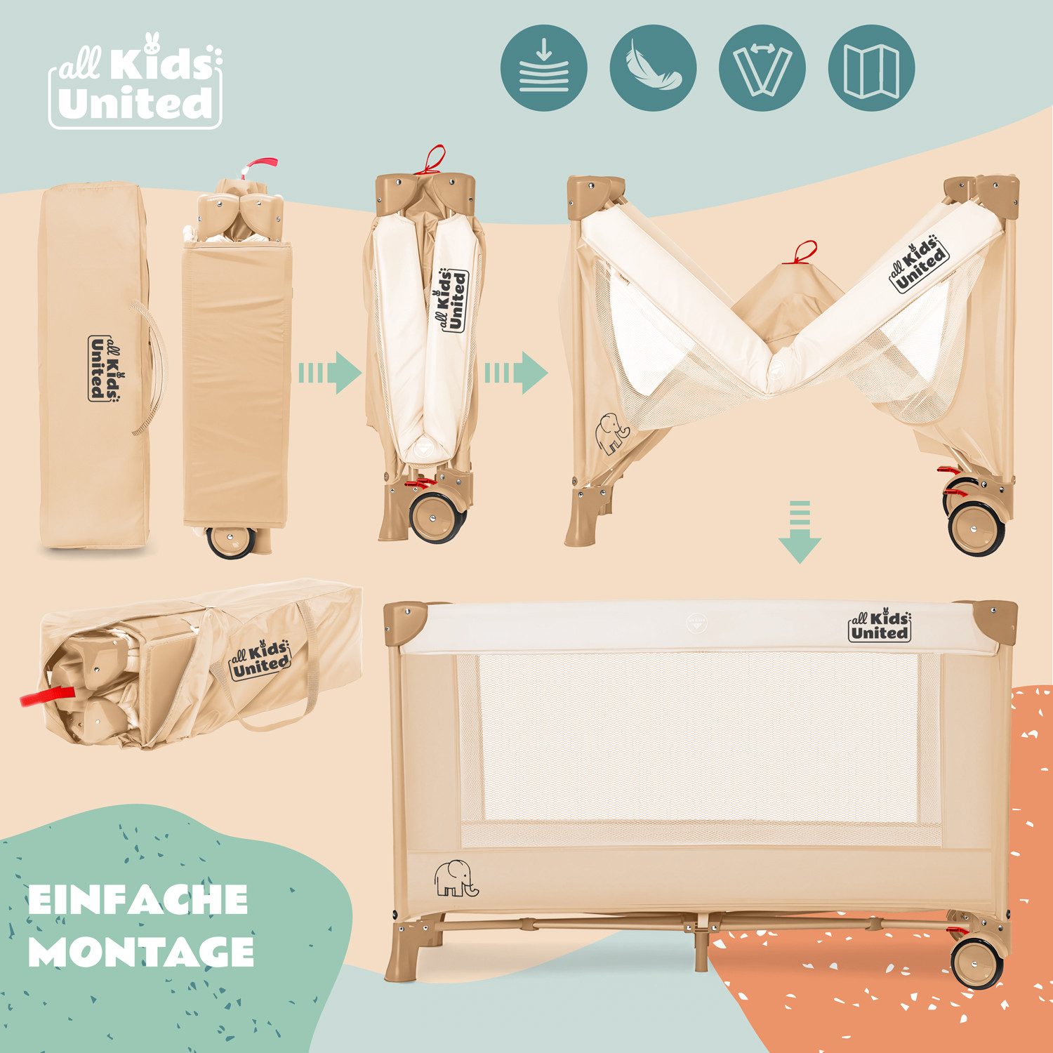 all Kids United Baby-Reisebett Tragbares Reisebett für Babys – Babybett mit Matratze, mit Wickelauflage