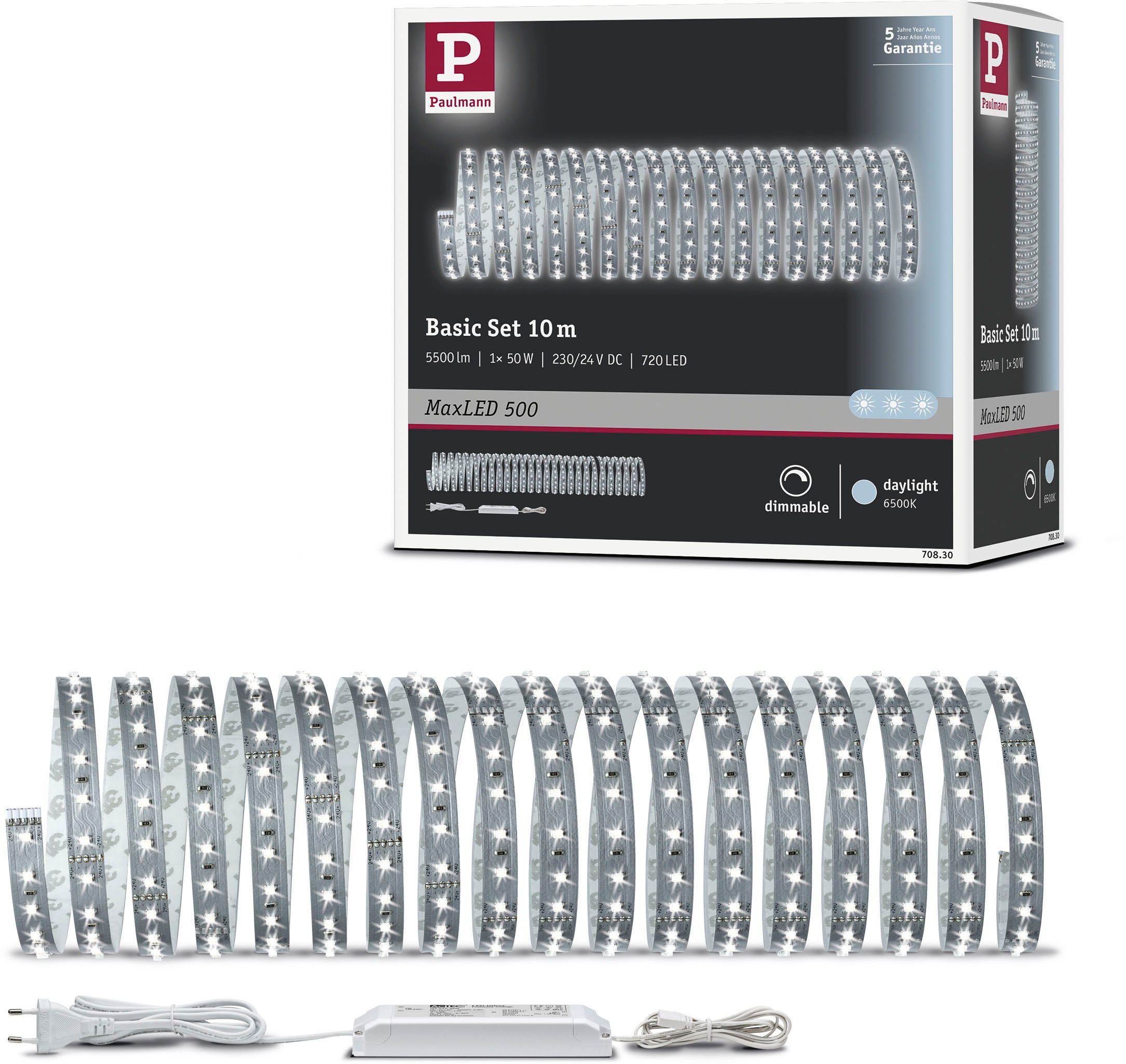 MaxLED 10m Paulmann Basisset 1-flammig, 500 10m 550lm/m Basisset, 6500K, unbeschichtet Tageslichtweiß 50W LED-Streifen