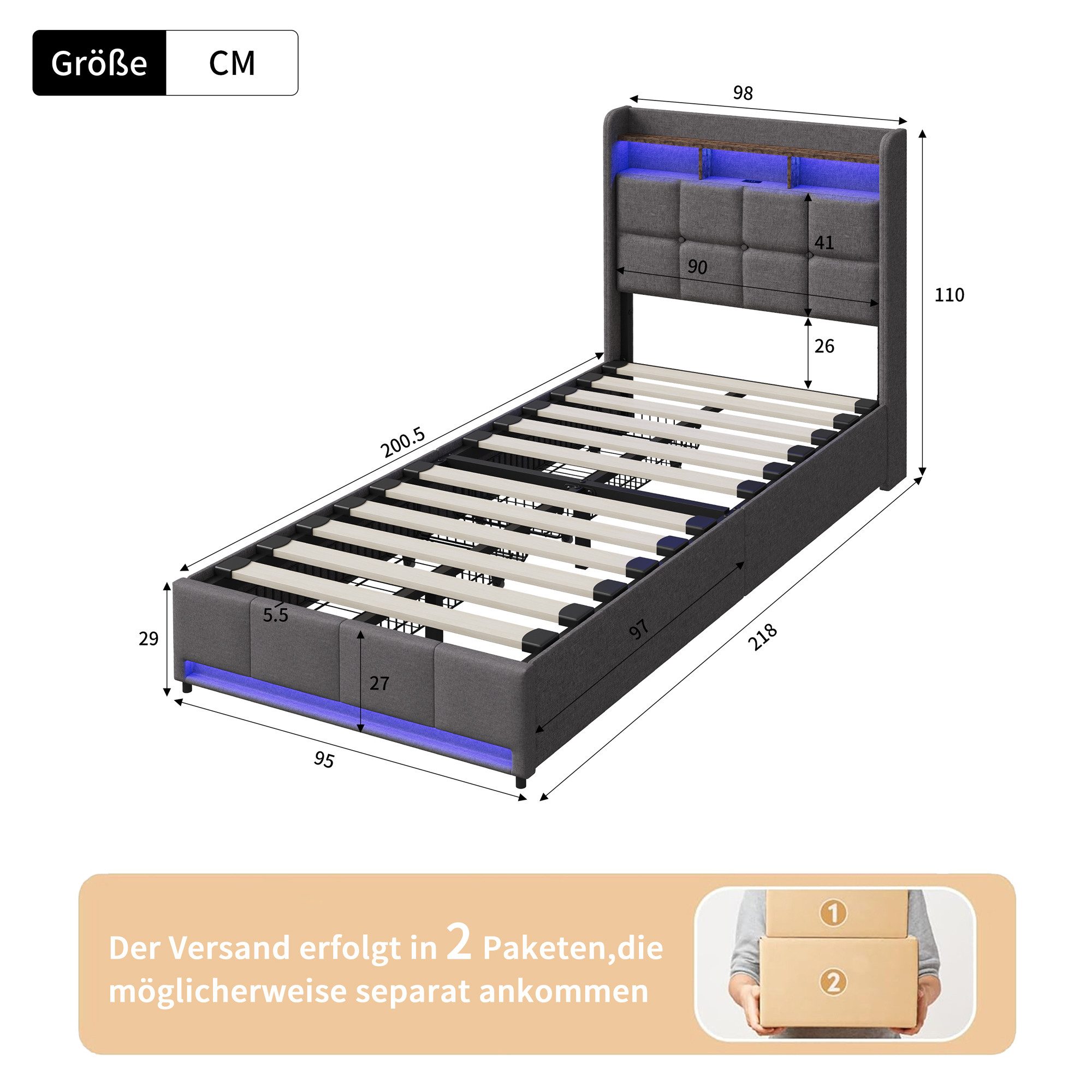 PXloue Polsterbett LED Doppelbett Stauraumbett, mit USB-Laden und Stauraum am Kopfteil,Leinen,90x200 cm – Bild 5 von 5