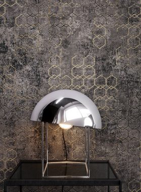 Newroom Vliestapete, Schwarz Tapete Leicht Glänzend Modern - Mustertapete Metalic Gold Grau Hexagon Grafisch für Schlafzimmer Wohnzimmer Küche