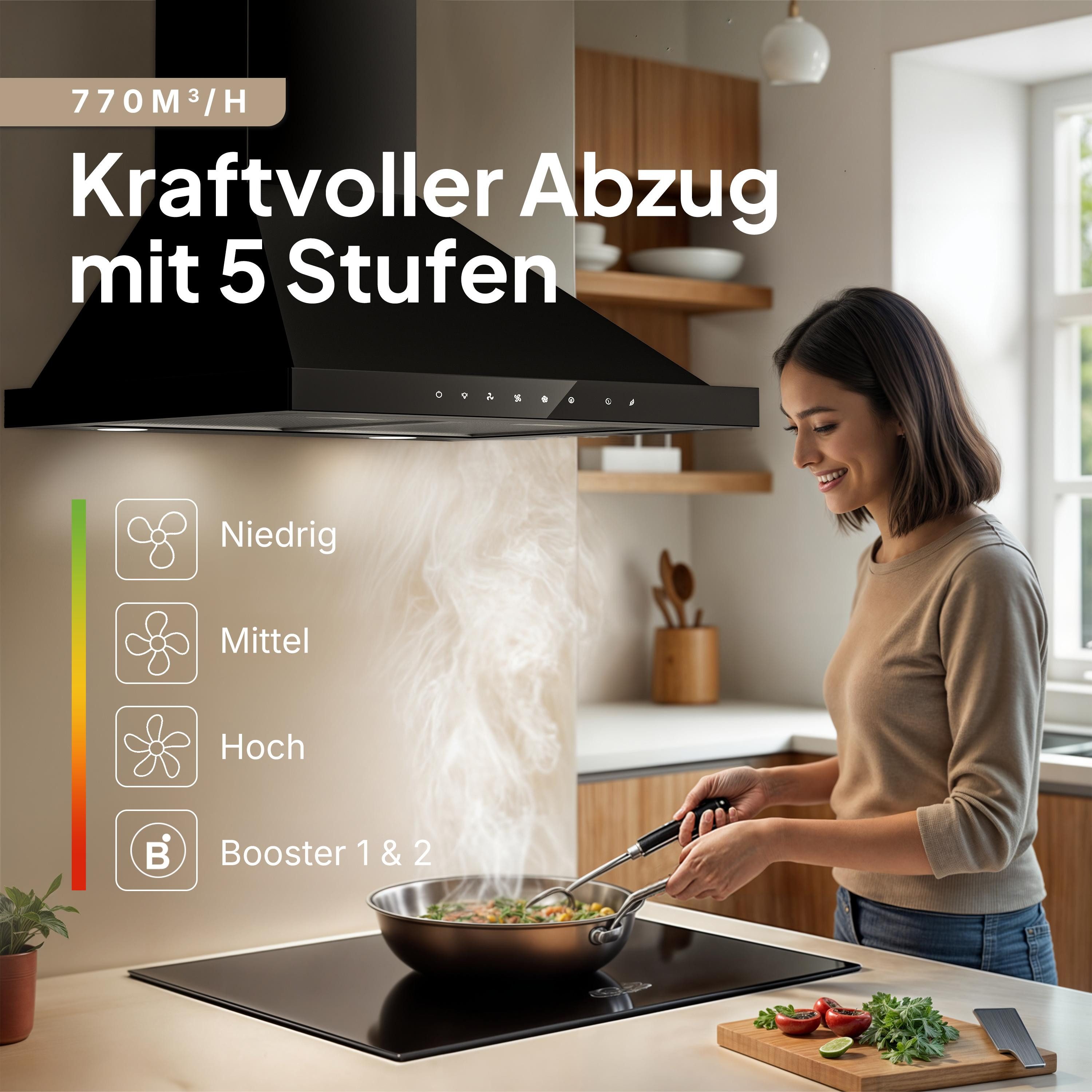 Levivo Wandhaube A+++ Dunstabzugshaube 60cm Umluft & Abluft mit 770 m³/h A+++ Dunstabzugshaube 60cm Umluft & Abluft mit 770 m³/h, Aktivkohlefiltern, Fettfiltern, LED-Beleuchtung