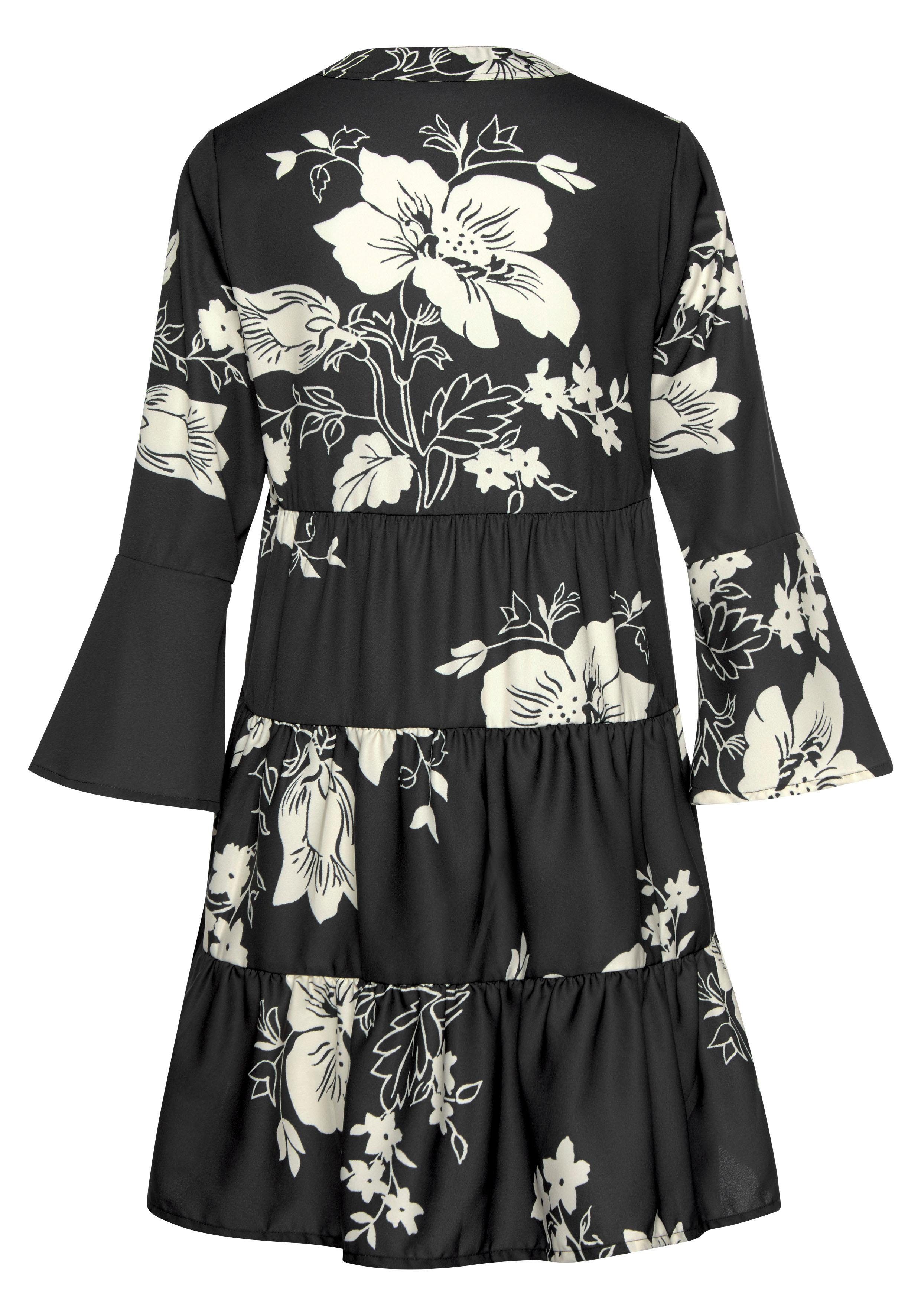 LASCANA Blusenkleid in weiter Form mit Volants und Blumenprint, Tunikakleid, Strandkleid