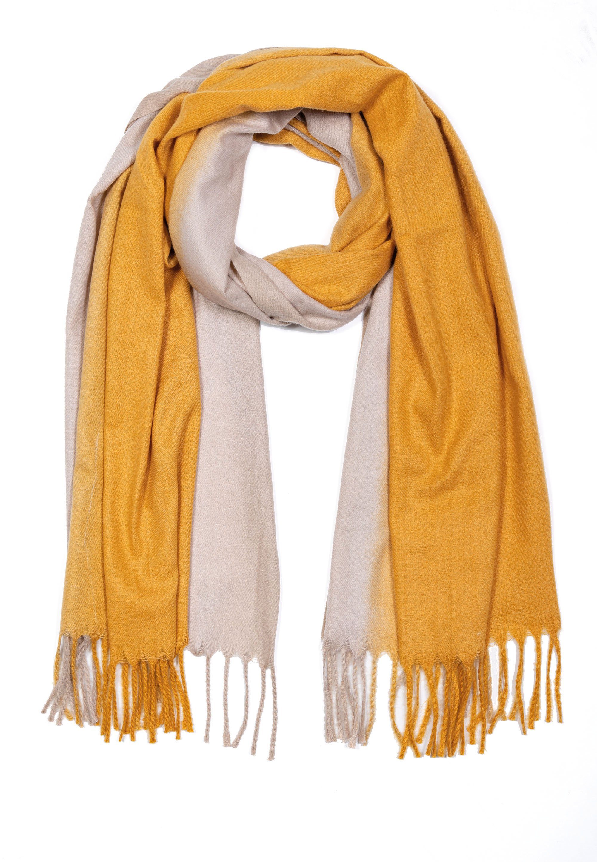 Cassandra Accessoires Schal warmer, weicher Winterschal mit Fransen, besonders flauschig, mit Farbverlauf gelb