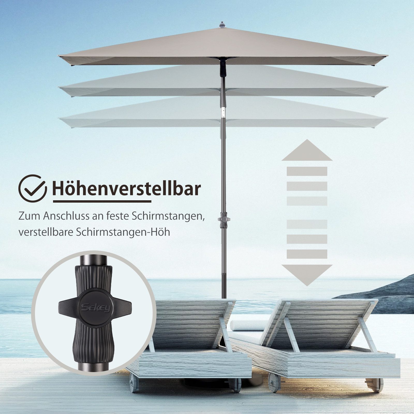 Sekey Sonnenschirm Rechteckig Höhenverstellbar Balkonschirm Knickbar, mit Schutzhülle, LxB: 210,00x140 cm, Sonnenschutz UPF50+, Kippbar, Höhenverstellbar Sonnen – Bild 4 von 5
