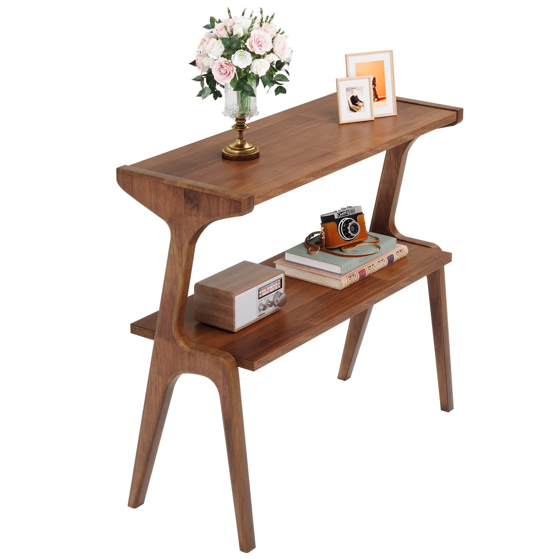 Tribesigns Beistelltisch 2-tier Sofatisch mit Massivholzbeinen, Beistelltisch mit Ablagefläche (1 x Beistelltisch - 1 x Zubehörpaket - 1 x Anleitung), schlanker Sofa-Beistelltisch mit Massivholzbeinen Bauernhaus