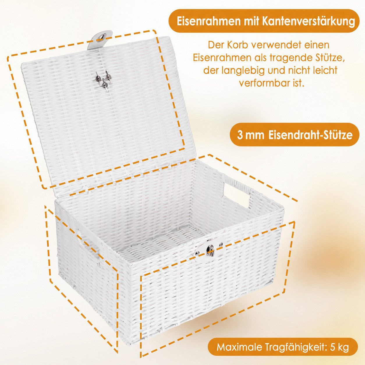 BlingBin Aufbewahrungskorb 3er Set Weiß Aufbewahrungskörbe aus PP-Rattan, mit Deckel & Schloss (3er-Set, 3 St., Größe L: ca. 36x28,5x18,5 cm, M: ca. 33x24x15 cm – Bild 5 von 5